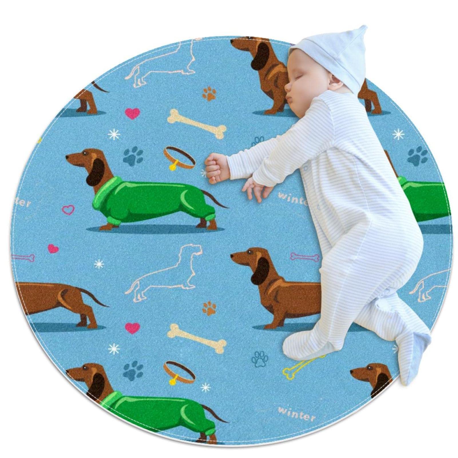 Alfombra redonda infantil de 80x80 cm con estampados de perros teckel y huellas de mascotas