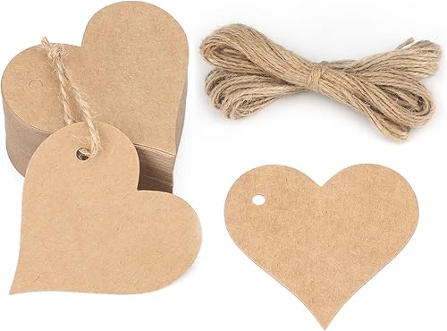 100 etiquetas de regalo de papel kraft con cordel de yute de 66 pies para manualidades, San Valentín (marrón)