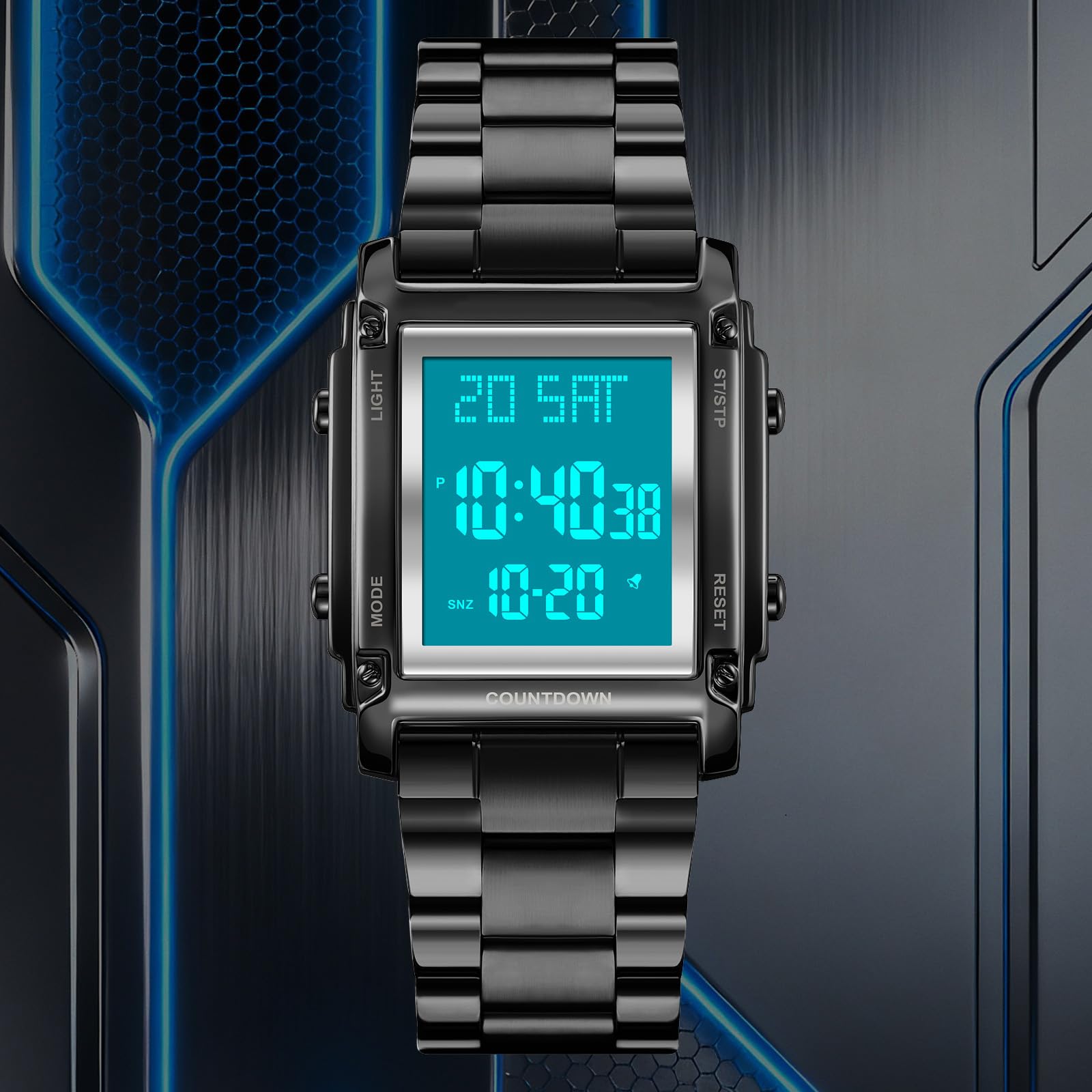 findtime Orologio da polso digitale da uomo, al quarzo, numeri grandi, lussuoso, cinturino in metallo, LED, doppio orario, data 12/24h, cronometro Coutdown, uomini anziani
