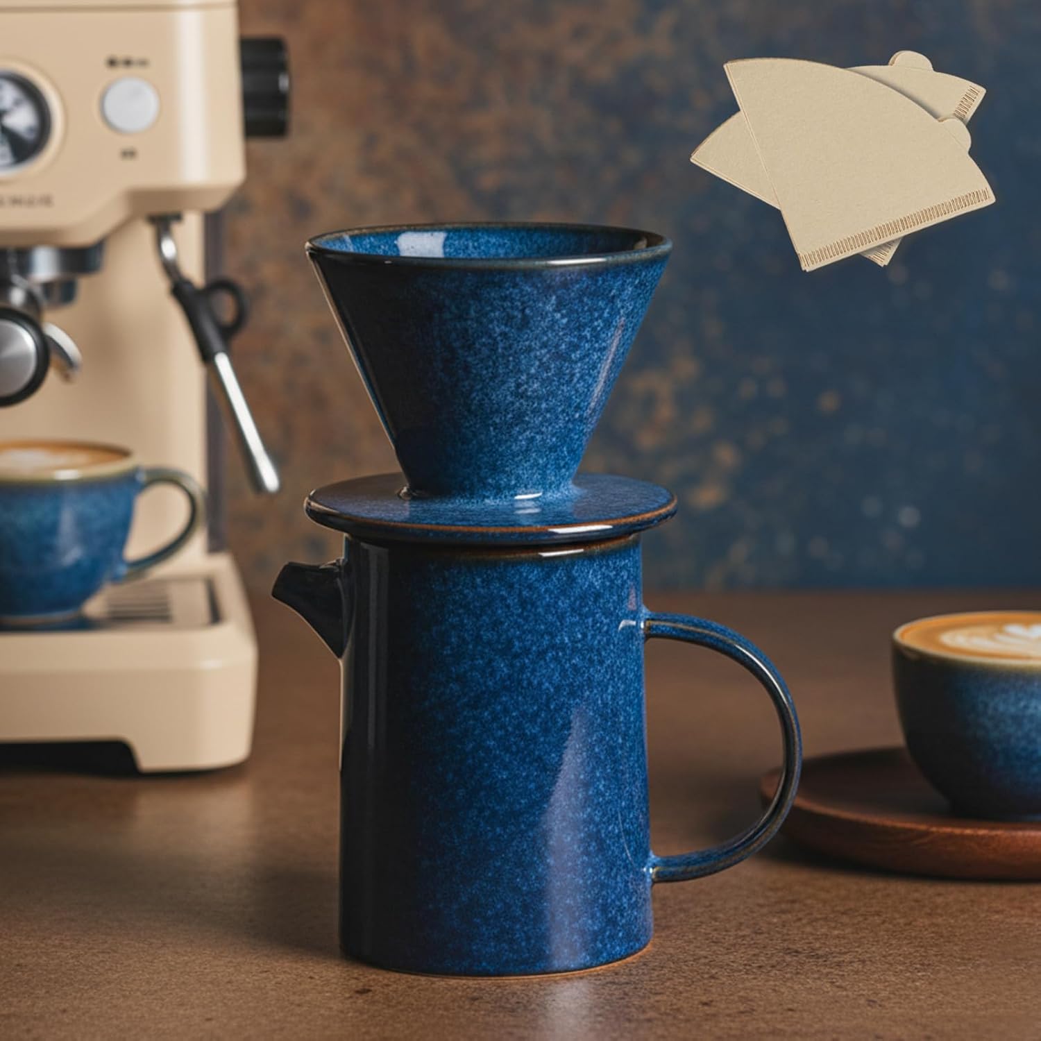 Pour Over Coffee Maker Set, Blue Vintage Coffee Maker with 20 Count Paper Coffee Filters, High Heat Ceramic Pour Over Coffee Dripper Set for Home, Restaurant, Camping Hiking, 16.5 Ounces