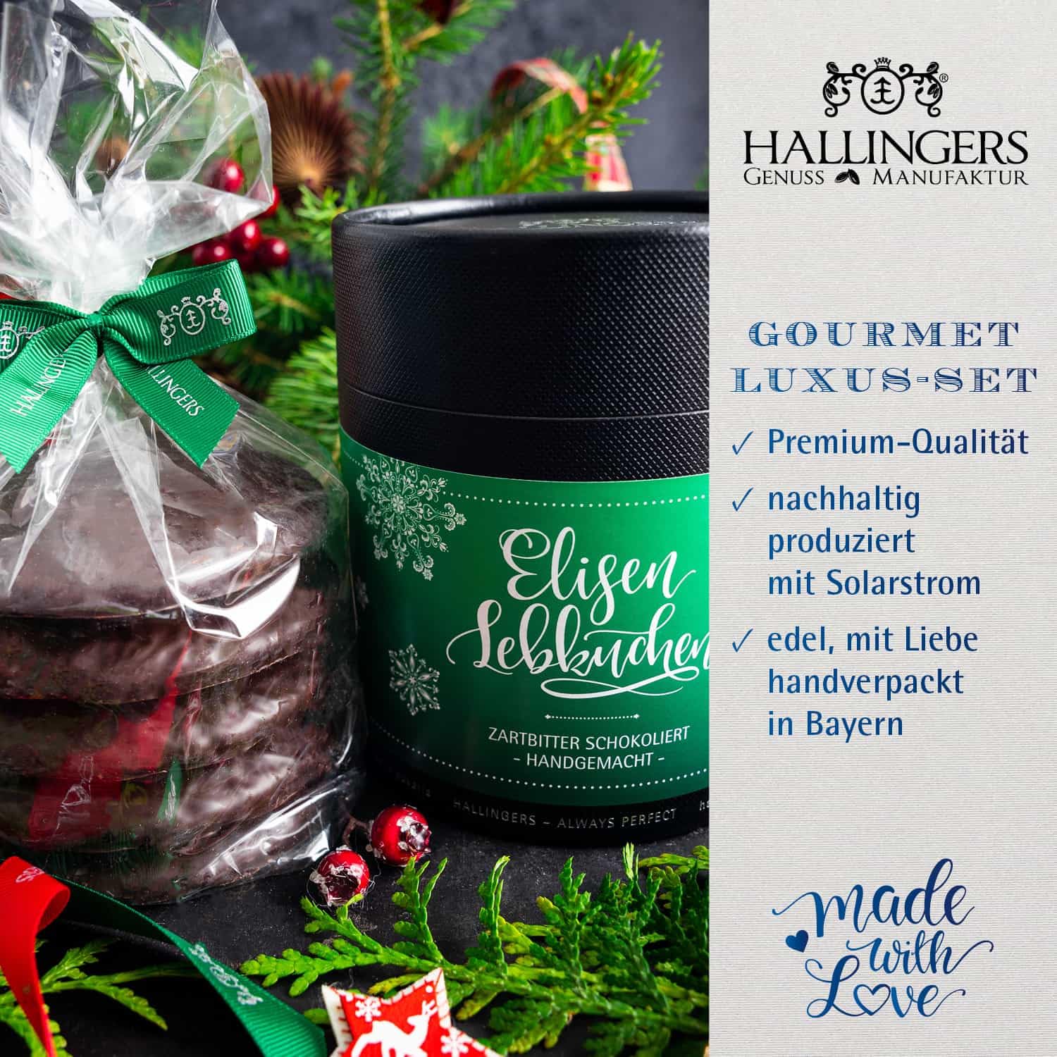 Hallingers Genuss Manufaktur Feinkost Weihnachts-Geschenk-Set - XXL-Geschenkkorb "Süße Weihnachten" großes Mitbringsel Pralinen, Schokolade, Fruchtsaftbärchen, Mandeln & mehr, Weihnachten für Frauen