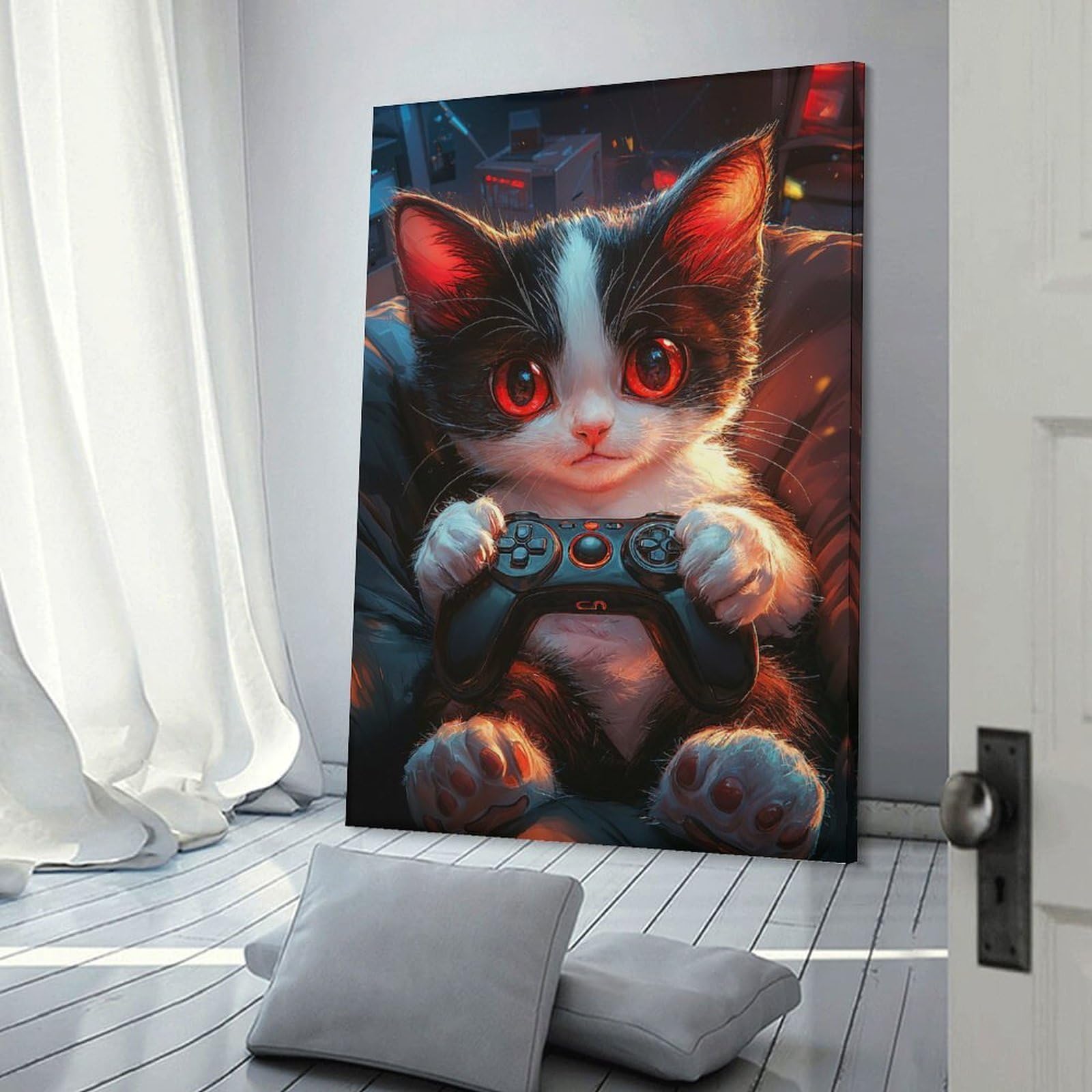 Junmoney Frame-Style-13 Gamer Cat Canvas Wall Decor, 24X36inch(60X90cm), For Wall Displays, Bedrooms Or Room Updates, Wall Decor Suited To Curated Displays