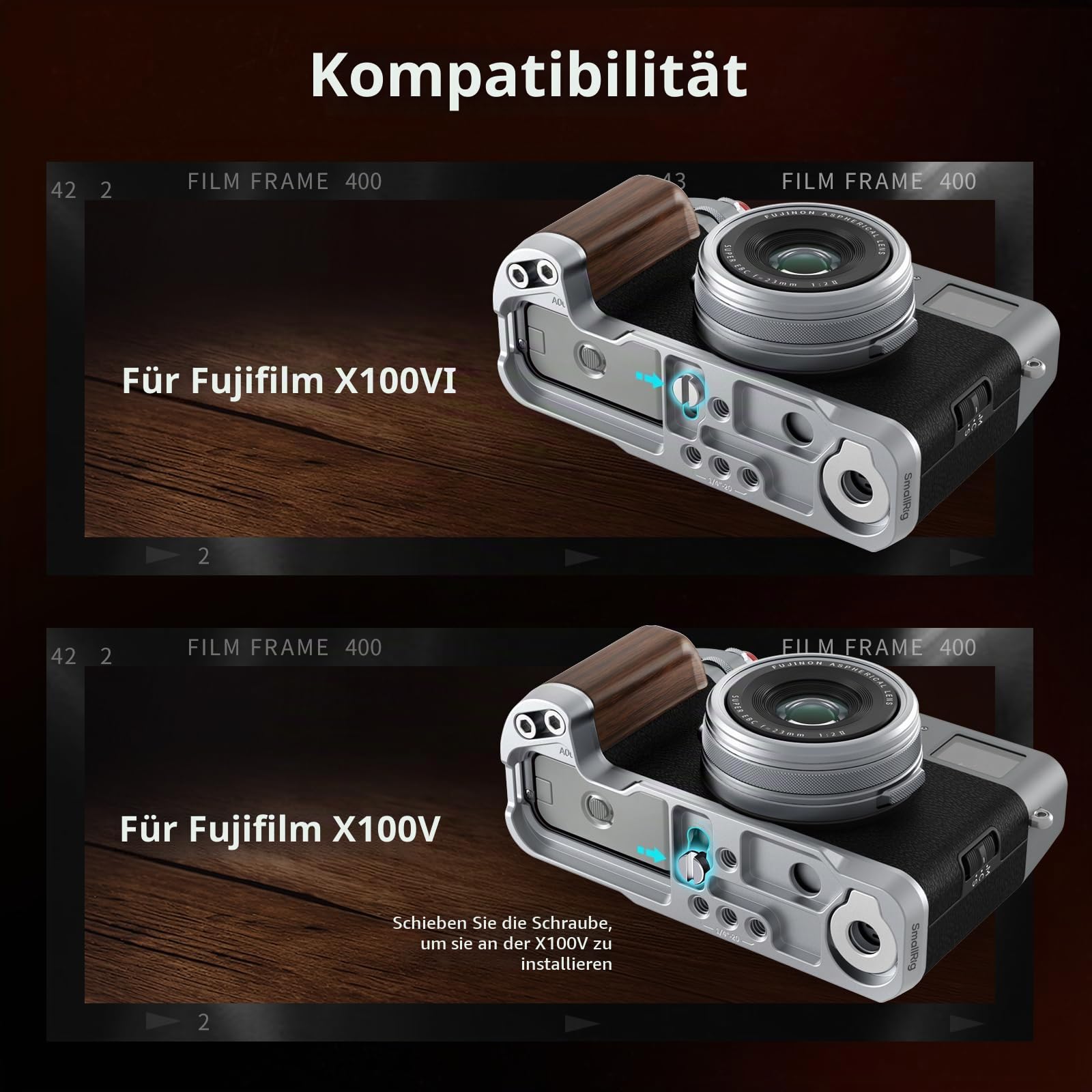 SMALLRIG X100VI / X100V-Handgriff, L-förmiger Holzgriff für Fujifilm X100VI / X100V-Kamera, integrierte Schnellwechselplatte für Arca, mit Auslöser und Blitzschuhabdeckung, Silber – 4804