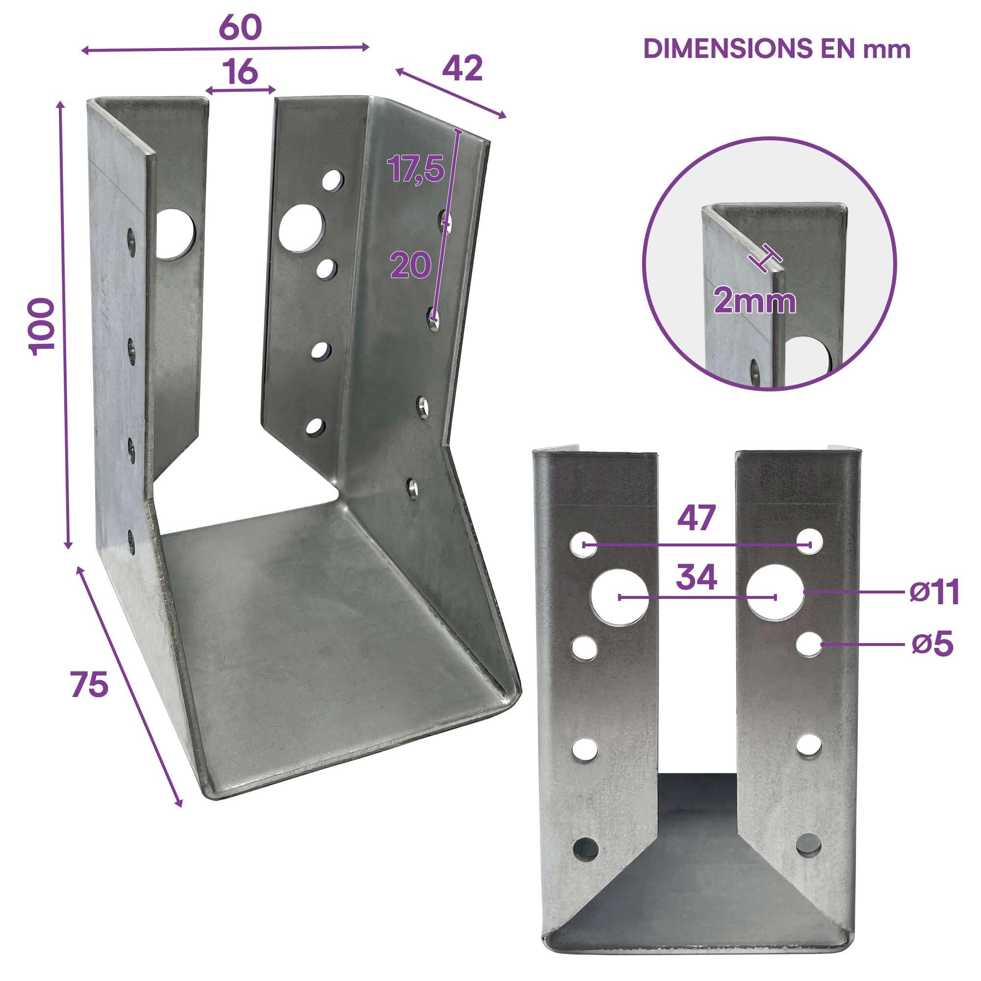 10 sabots de charpente à ailes intérieures - Larg 60 x Ht 100 mm - Connecteurs de poutres - Acier galvanisé - Fabriqué en Europe