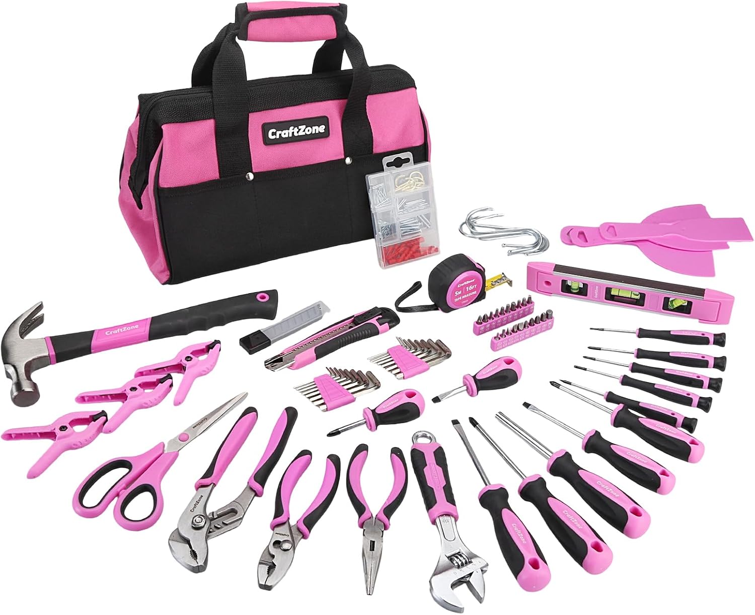 231PCS Pink Tool Kit for Home and Auto Repair, Portable Tool Bag with Wide Mouth Storage | Mechanic Hand Tool Set for Women - Pink Ribbon Design