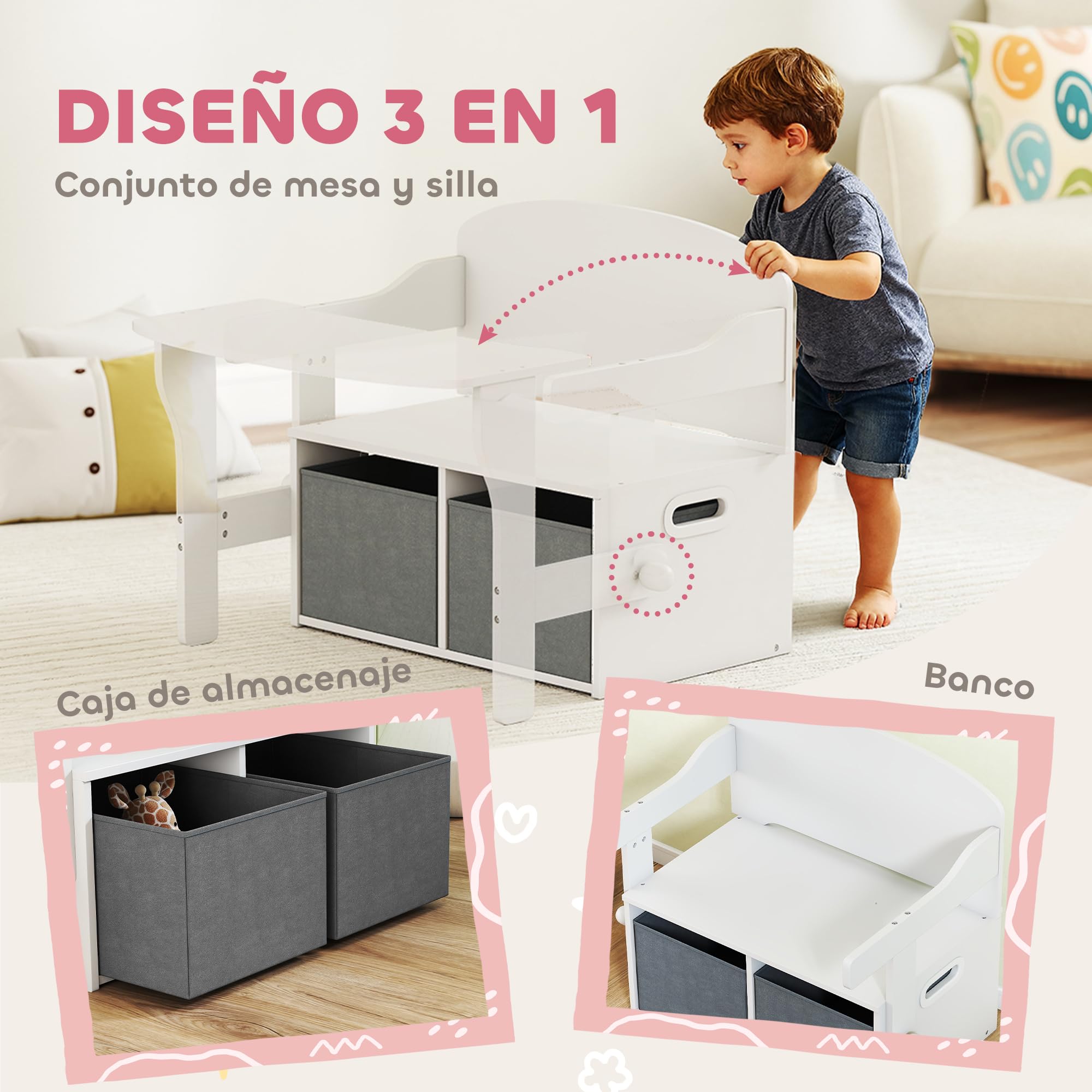 AIYAPLAY Banco Infantil Convertible 3 en 1 Baúl con Mesa 3-6 Años Blanco | Juego de Mesa y Silla, Cubos de Tela Extraíbles, Banco de Almacenaje, Mueble Multifuncional