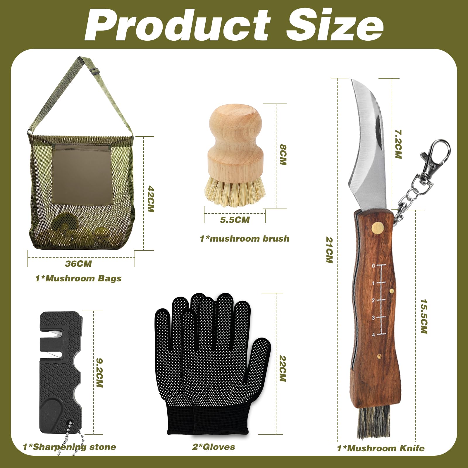 LOMUG Coltello per Funghi, coltello Funghi con Spazzola, Borsa funghi, Guanti, Affilacoltelli, coltello Micologica Manico in Legno Acciaio Inox Coltellino funghi, Borsa da Caccia per funghi Il Foraggi