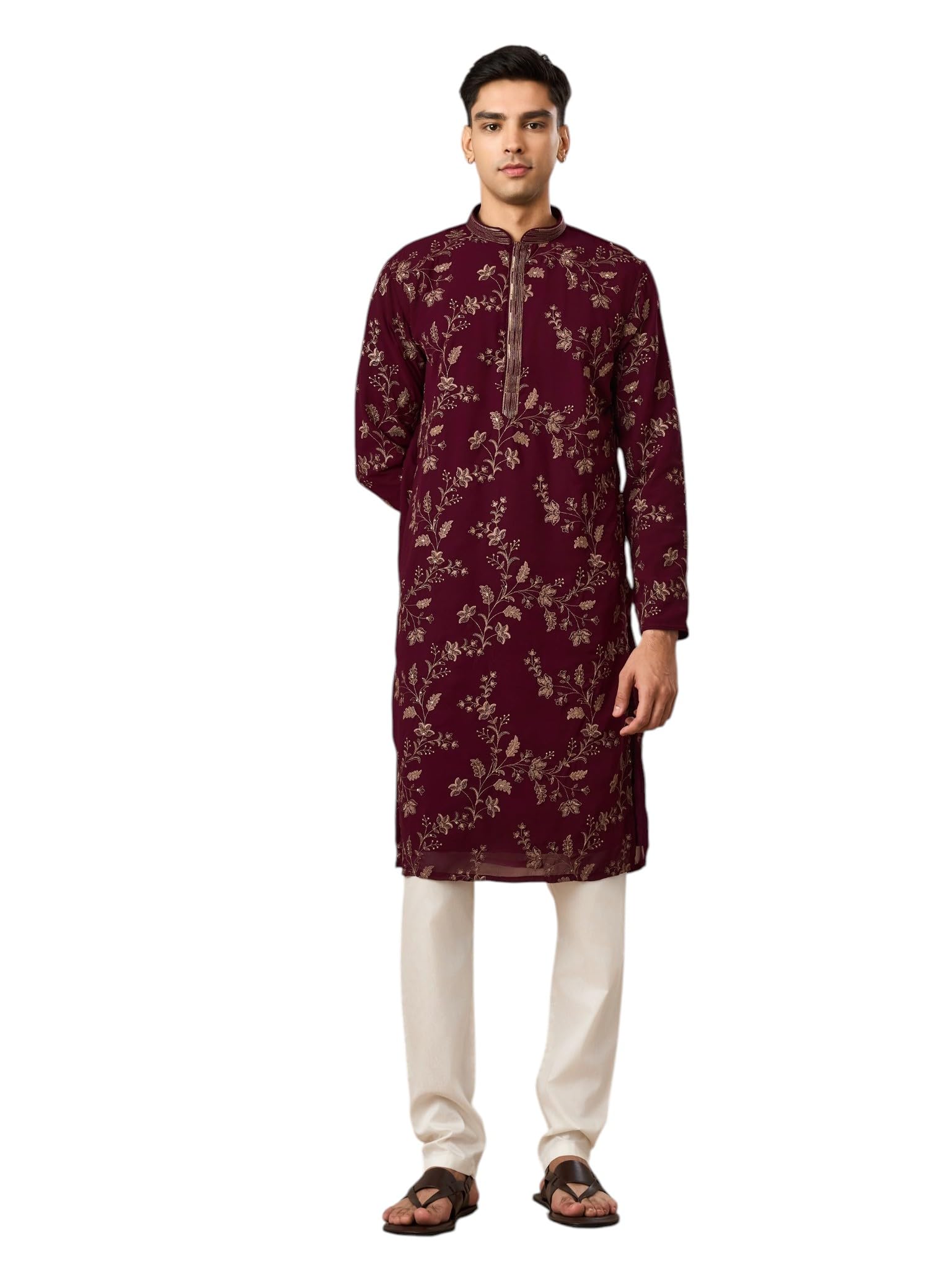 manyavar Men's Georgette Embroidered & EmbellishedTraditional Kurta Churidar Set (2pcs)-picture-14