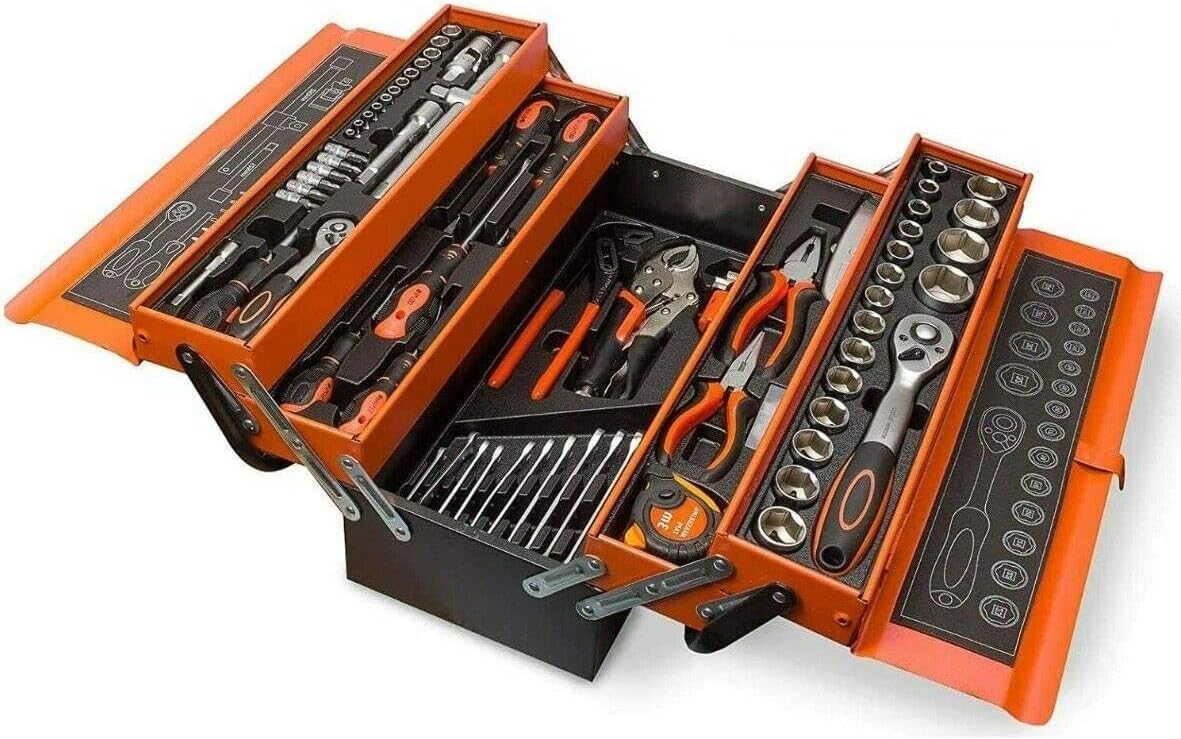 Cassetta Attrezzi in Metallo con Cricchetto e Bussole 1/2” e 1/4” + Pinze + Chiavi Combinate + Cacciaviti + Punte e Accessori – Kit Utensili Completo Portatile per Auto, Casa, Officina, Fai da Te