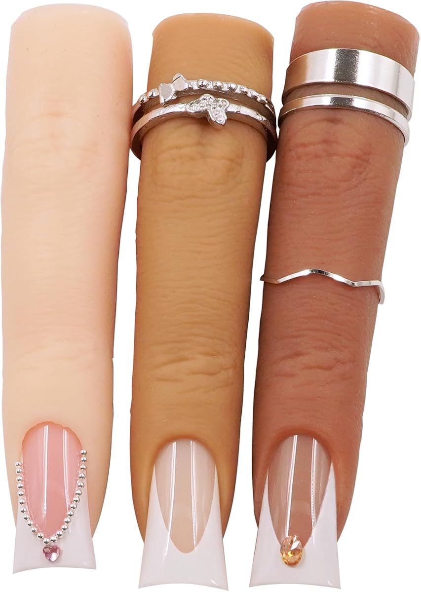 Silicon Fake Fingers Nail Art Practice Set–3 Skin Tones Reusable Practice Fingers for Acrylic Nails & Color Display, Flexible Wire Core Training Model Technician Supplies Salon Accessories