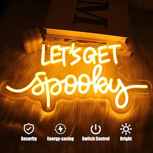 Miniatura 2 de Letreros de neón con texto en inglés "Let's Get Spooky", letrero de neón para Halloween, letras amarillas, luces de neón espeluznantes para pared,