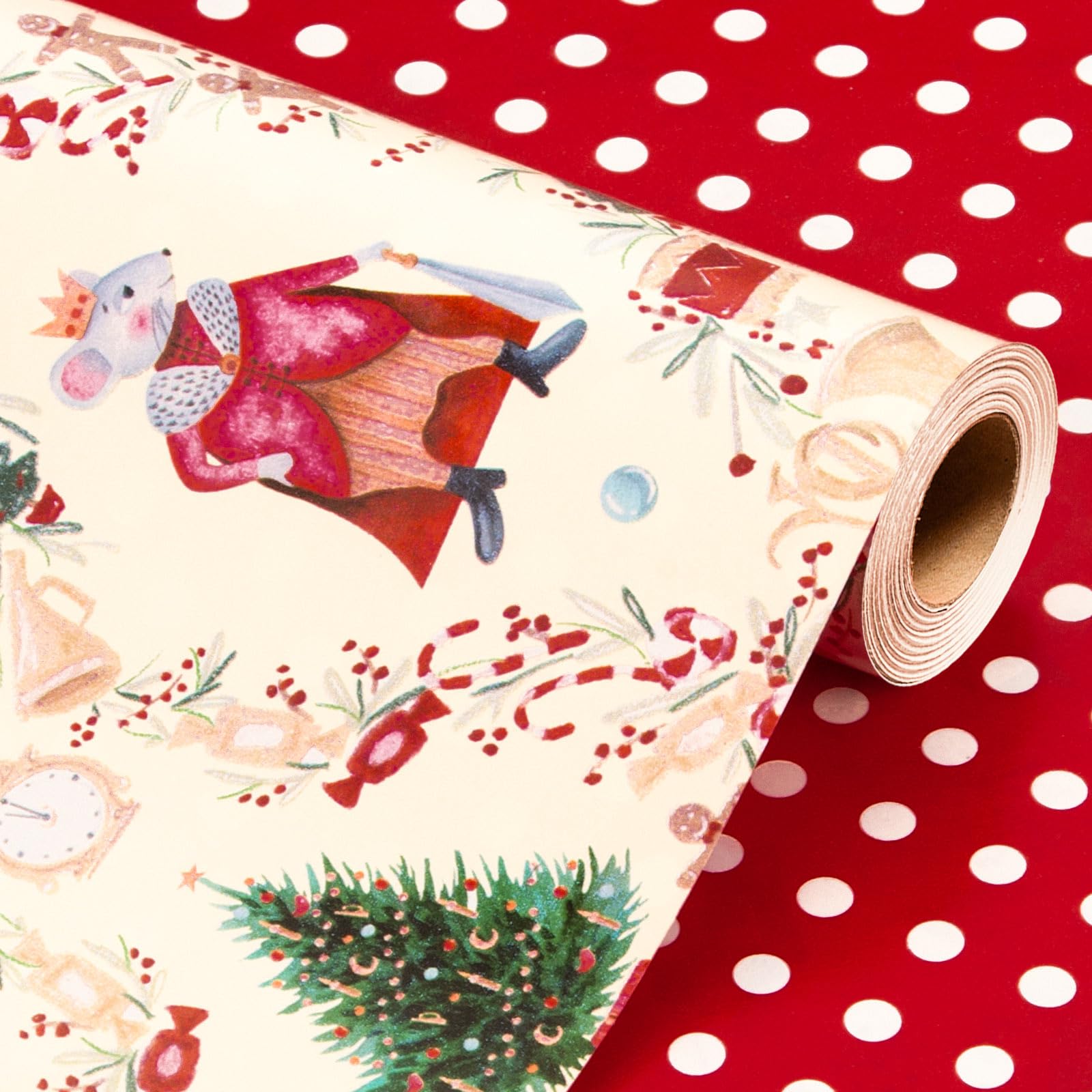 Wikadlik Christmas Wrapping Paper Roll - Nutcracker, Princess and Gingerbread Polka Dots Design Gift Wrap Paper - 43cm x 10m