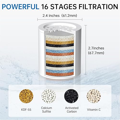 Miniatura 3 de G-Promise Alcachofa de ducha filtrada de lluvia de metal de 8 pulgadas para agua dura, filtro de suavizante de agua de 16 etapas para eliminar el