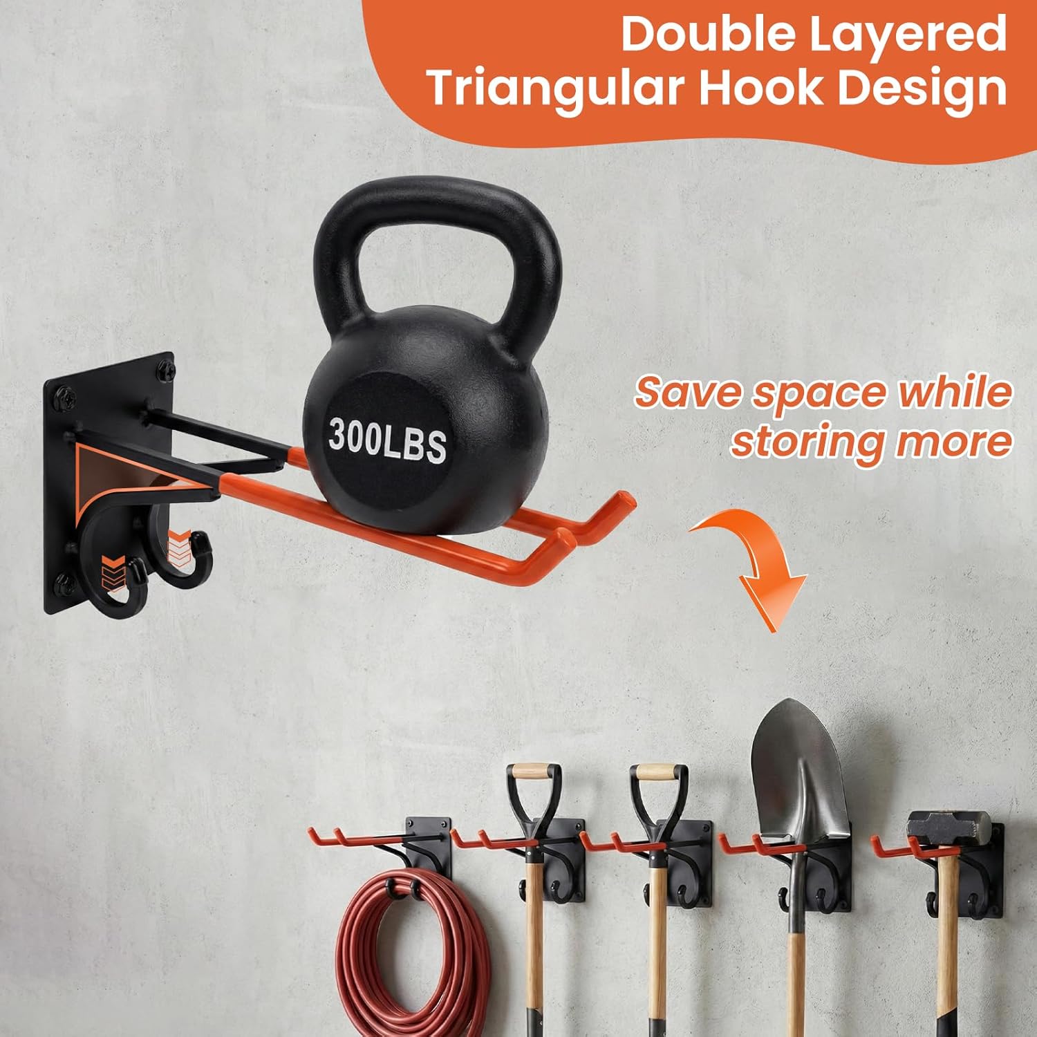 14" Large Heavy Duty Garage Hooks, 4 Pack Double-Layer Steel Wall Hook,Non-Slip Coated Gardening Tool Hook for Tool Organization, Shed Storage, Ladder Hook, Car Tire Storage