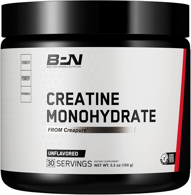BARE PERFORMANCE NUTRITION, BPN Pure Creatine Monohydrate Powder By Creapure, 5g of Creatine per Serving, Supports Muscle Growth, Unflavored Creatine Powder, 30 Servings | 5g of Creatine per Serving, Supports Muscle Growth for Increased Strength, Power and Performance