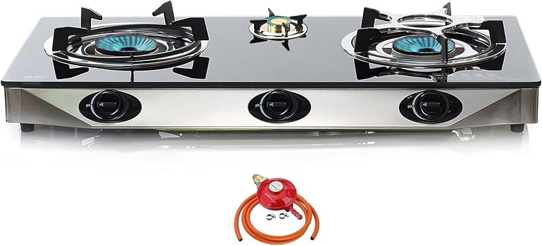 NJ NGB-S3 Indoor Gas Stove 3 burners Cooker Black Glass Hob LPG 7.8kW Regulator Set Propane 37mbar Screw-on