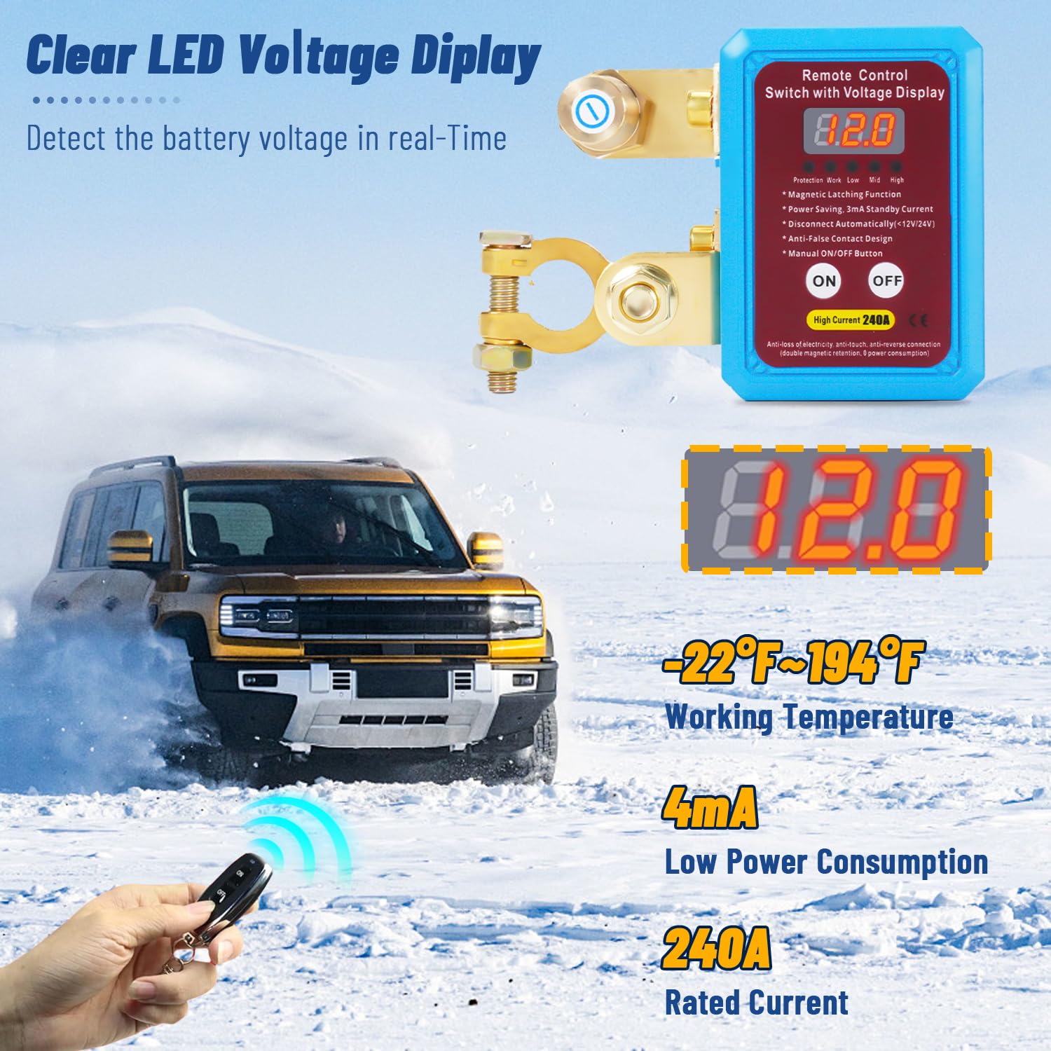 Kill Switch for Car- LED Digital Display Included, Remote Battery Disconnect Switch 12V/24V 240A, Car Battery Kill Switch Anti Theft,Suitable for Car, SUV, RV, Cargo Trucks