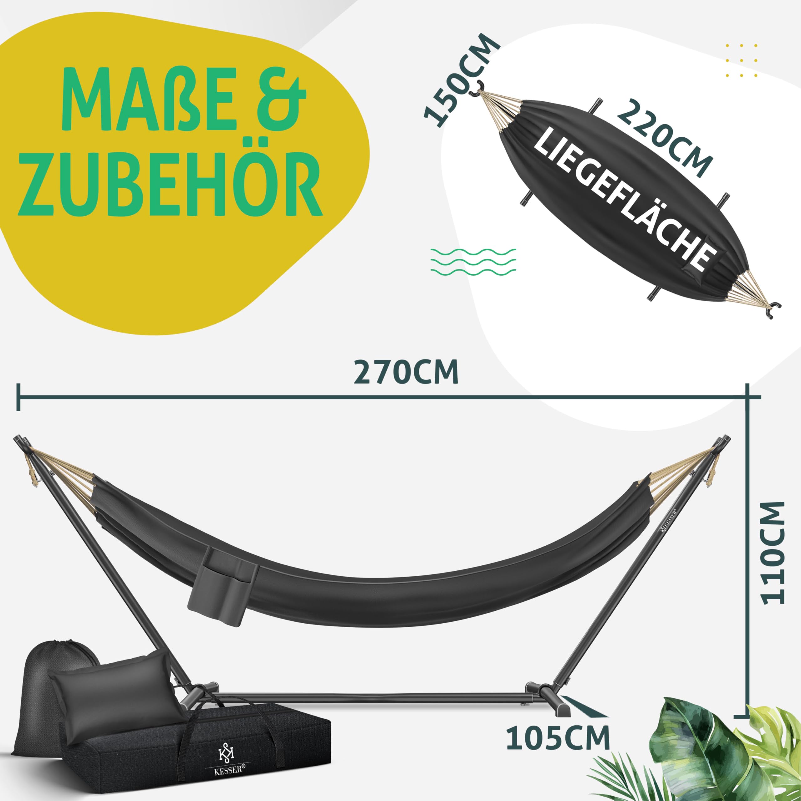 KESSER® Hängematte Lake mit Gestell, Doppel für 2 Personen, 200kg Belastbarkeit, Indoor & Outdoor, XXL Hängesessel, Garten, Pool, Balkon, Terrasse, Inkl. Kissen, Beutel & Tasche, Anthrazit