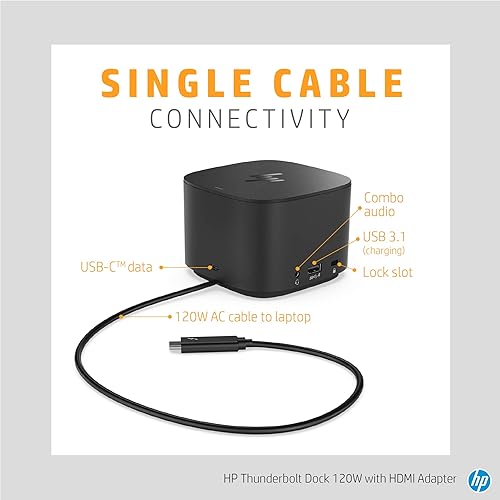 Miniatura 2 de HP Base Thunderbolt de 120 W con adaptador HDMI, estación de acoplamiento universal USB-C, un cable, múltiples conexiones, con un solo USB-C™ a
