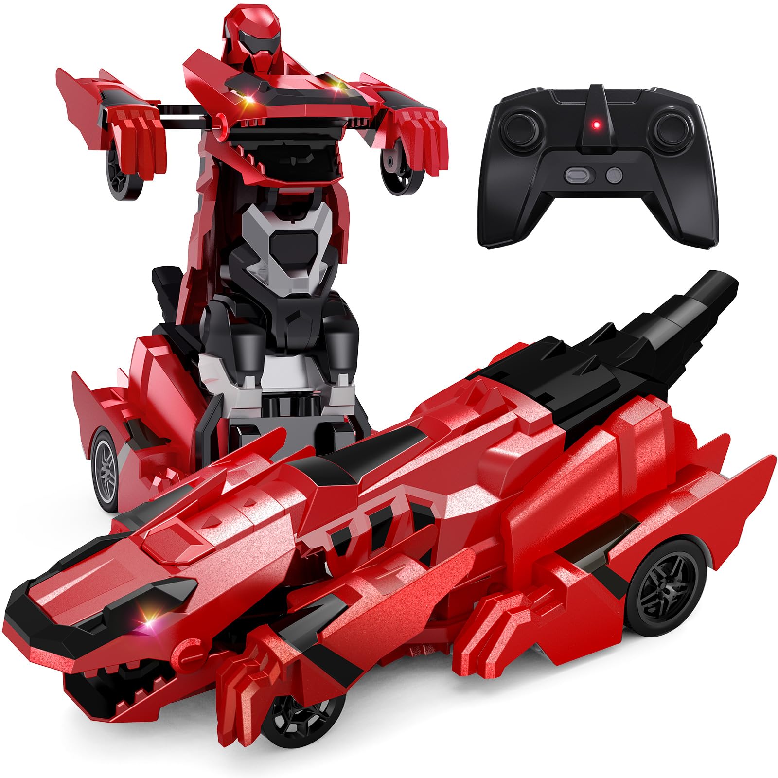 Tecnock 2025 Rechargeable Dinosaur Remote Control Car 2.4GHz One Button Transformation 360 °Rotation Robot Car Toy with LED Lights Toy Gift for Age 4-12 Boys/Girls Red