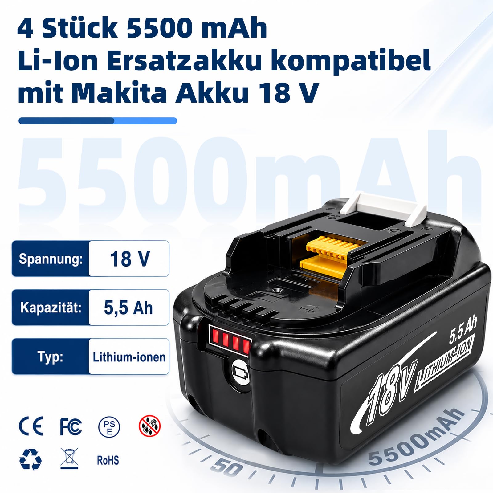 Lot de 4 batteries de rechange Li-ion 18 V 5500 mAh pour batterie Makita
