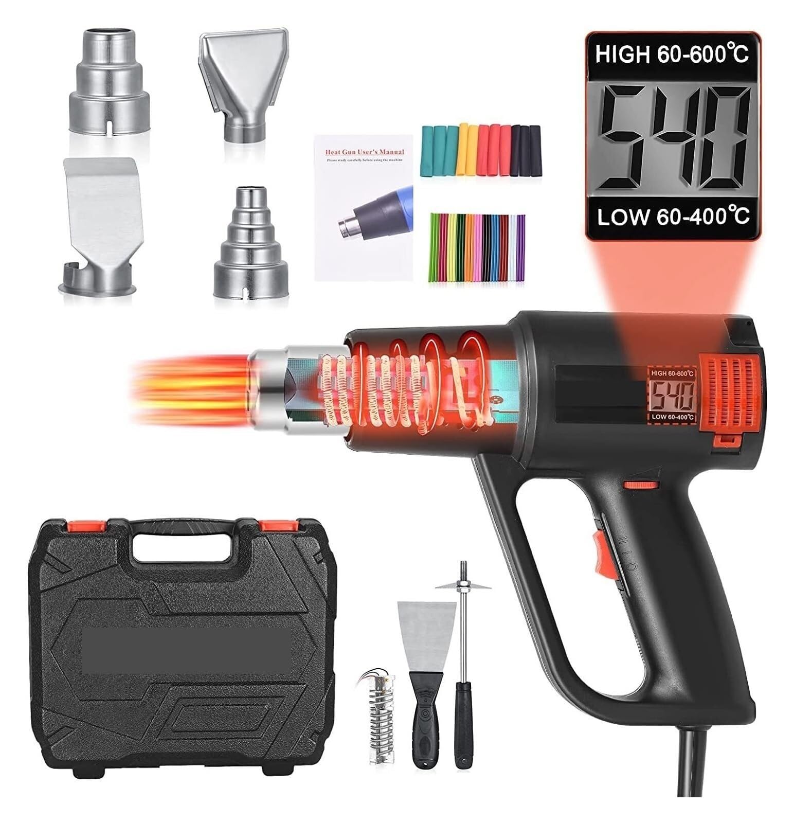 LCD Heat Gun Variable Temperature with Four Nozzles Electric Heat Gun Hair Dryer for Soldering Thermoregulator (Color : EU Plug 220V) (EU Plug 220v)