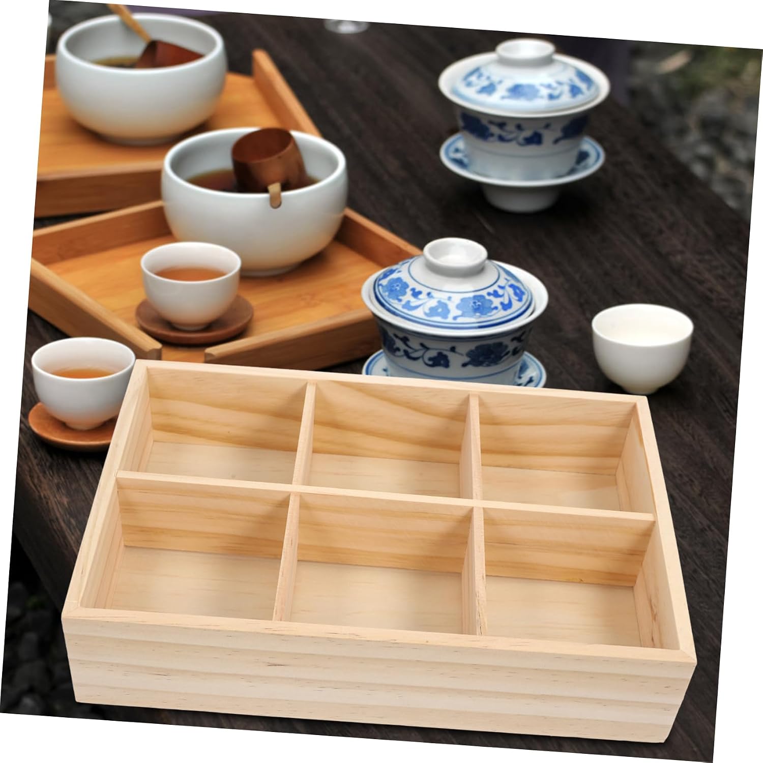 Wooden Tea Bag Organizer Box Compartment Sugar and Instant Coffee Storage Tray for Tabletop Use for Sugar Packets Tea Bags and Supplies