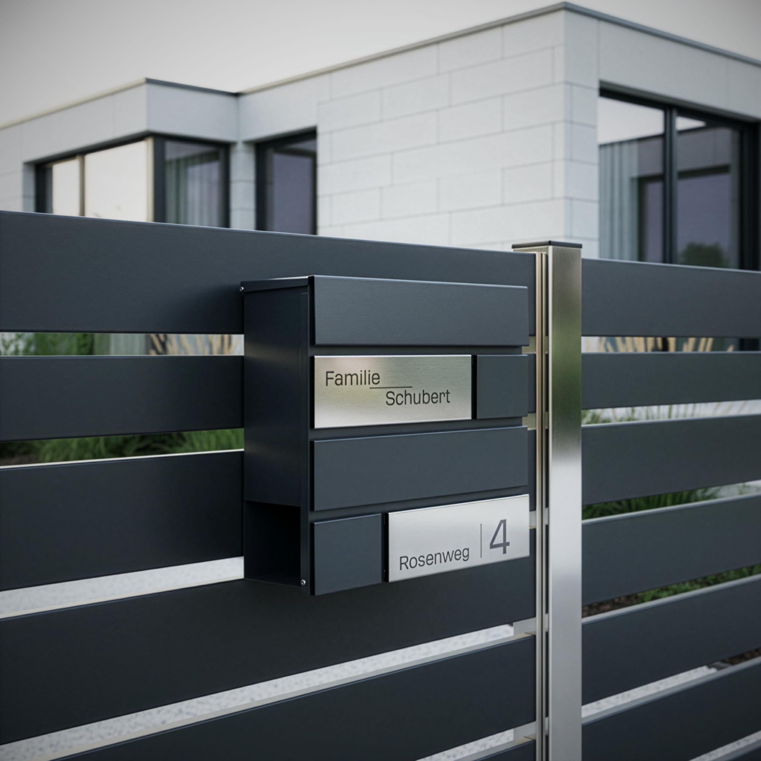 Grafner Premium Briefkasten personalisiert, RAL7016 mit Zeitungsfach und 2 Schlüssel, moderner Postkasten mit Name Straße Hausnummer, anthrazitgrau Wandbriefkasten graviert, mit Montagematerial
