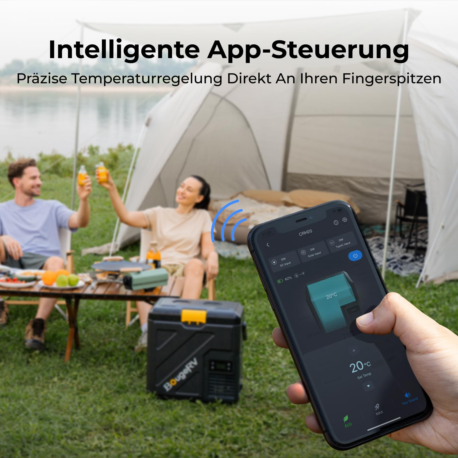 BougeRV CRH20 20L Kompressor Kühlbox mit Akku 240Wh, Tragbar 12V/24V/230V App-Steuerung IPX4 Mini Kühlschrank für Camping Reisen Boot Angeln -20°C~20°C