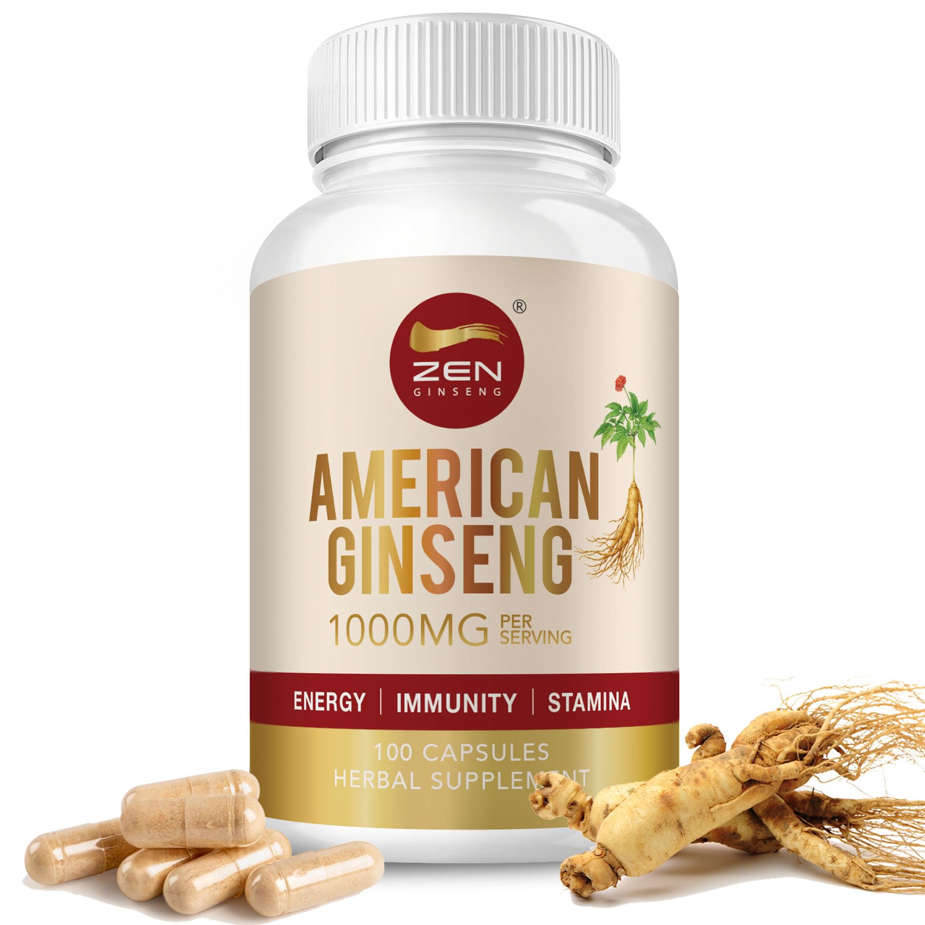 Zen American Ginseng 500mg - 100 Capsules, Premium Quality Panax Quinquefolius Daily Supplement, Wisconsin Ginseng, Vegan, Non-GMO, Gluten-Free