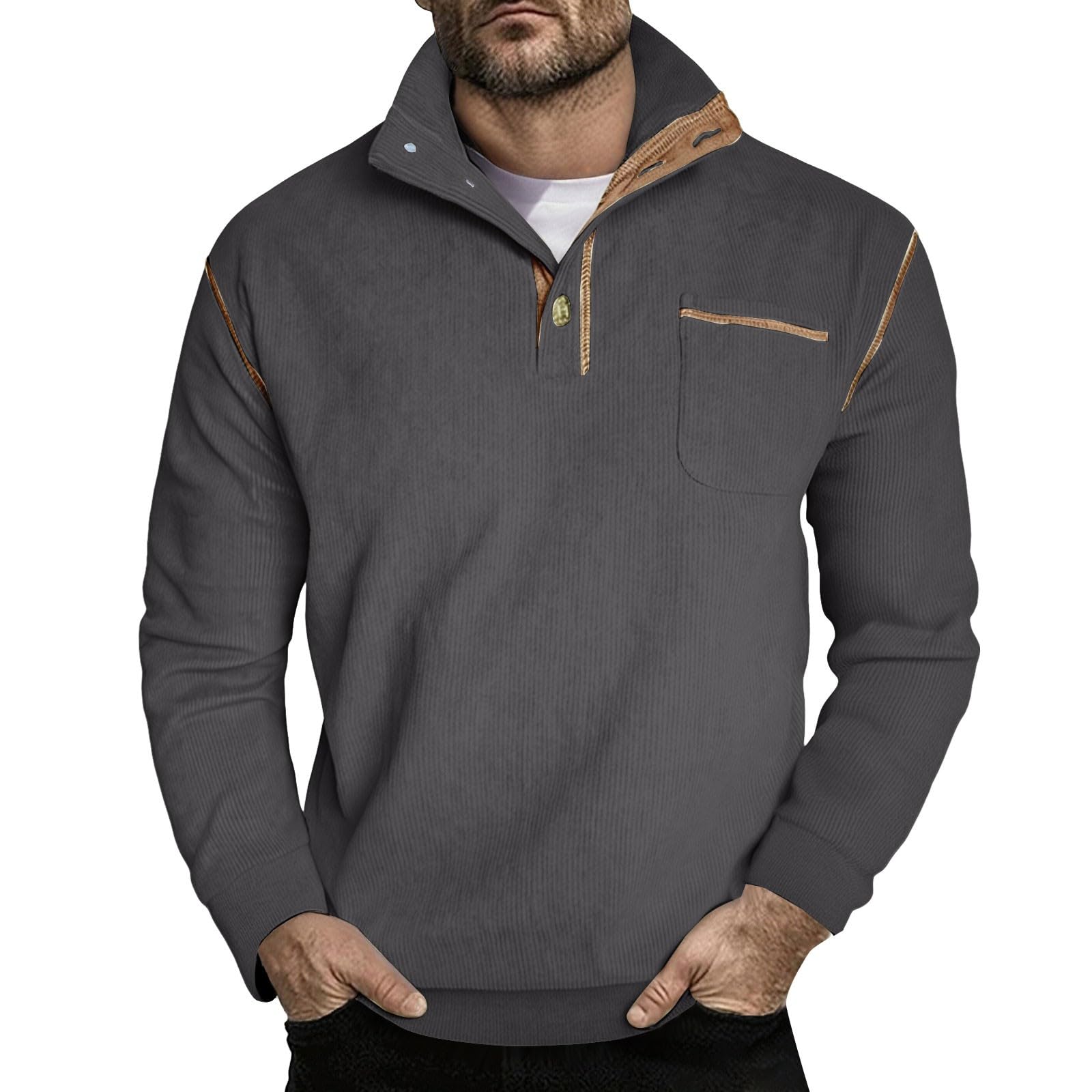 Sudadera para hombre de pana, suéter de invierno cálido para hombre, sudaderas con forro polar, suéter con 1/4 botón, cuello alto, jersey para hombre, monocolor, parte superior clásica