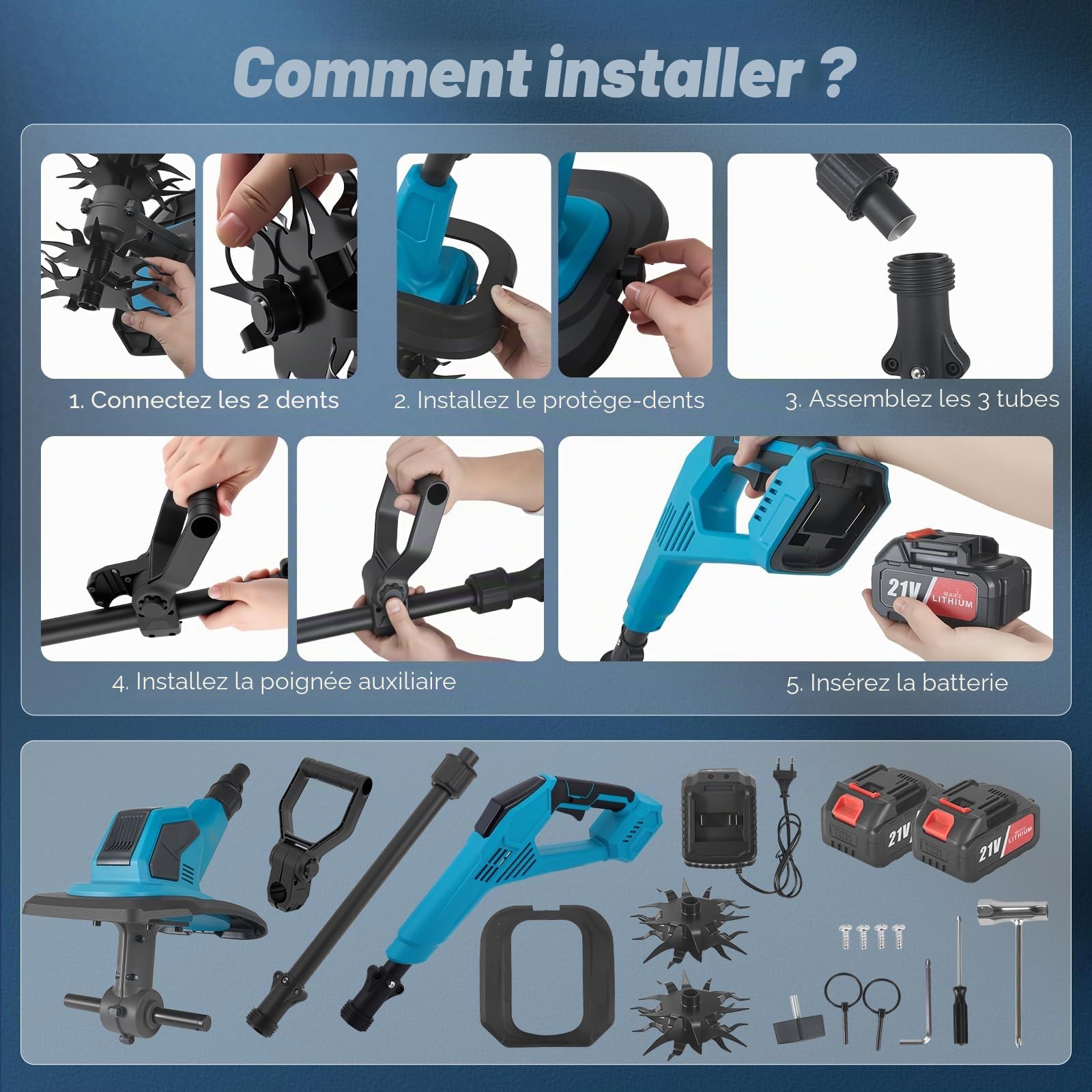 Motobineuse Électrique avec 2 Batteries 4000mAh, Rotavator Jardin sans Fil 360RPM, Motoculteur Portable pour Jardin et Potager, Profondeur 17cm, Largeur 23cm
