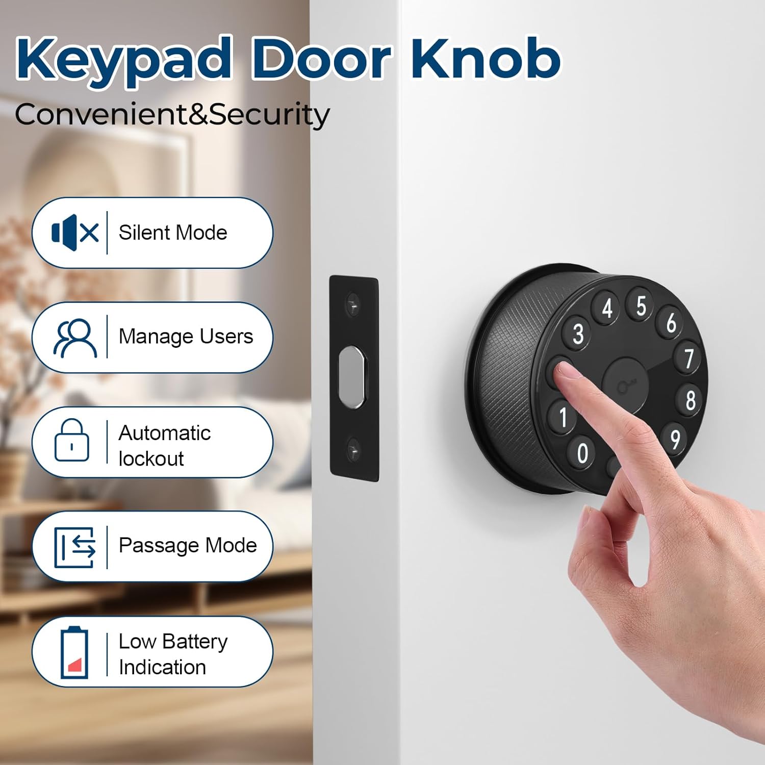 FITNATE Keypad Door Knob Lock, Electronic Door Knob with Keypad and Key, Automatic Locking, 100 Codes, Easy to Install for Office, Warehouse, Bedroom, Garage (Black)