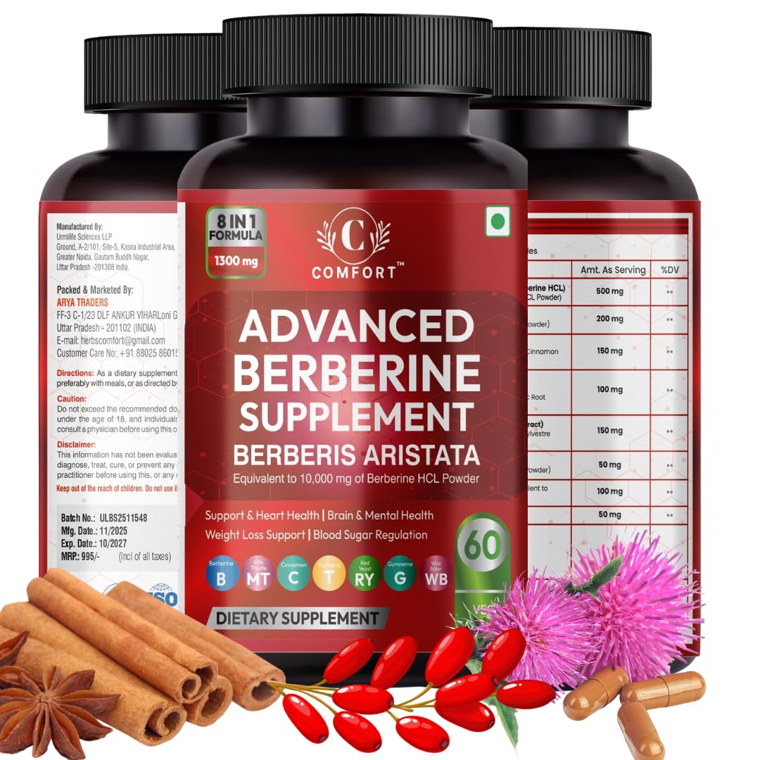 Comfort ADVANCED Berberine Supplement with Berberis 98% with Milk Thistle Aristata, 8-in-1 Formula, HCL 98% Herbal Formula for Imunity, Blood Sugar Control, Weight Management and PCOS suppor 60 Veg Capsules,1300mg Per Serving Non-GMO & Gluten Free (60) - Image 5 thumbnail