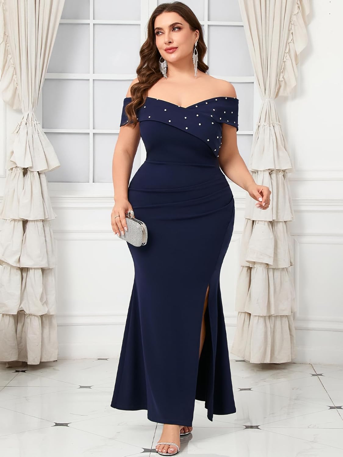 Plus Size Off The Shoulder Mermaid Maxi Dress Rhinestone Ruched Slit Formal Evening Gown Wedding Guest Cocktail