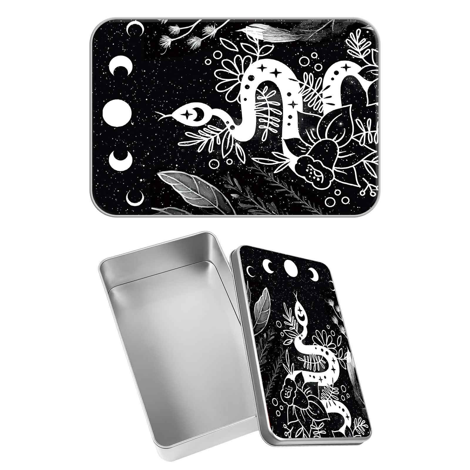Rectangular Metal Tin Box with Removable Lid, Witchy Snake Trippy Moon Decorative Printed Metal Storage Container for Sweets Jewelry Tea Candies Cakes 7 x 4.33 x 2.17 inch– Single Pack