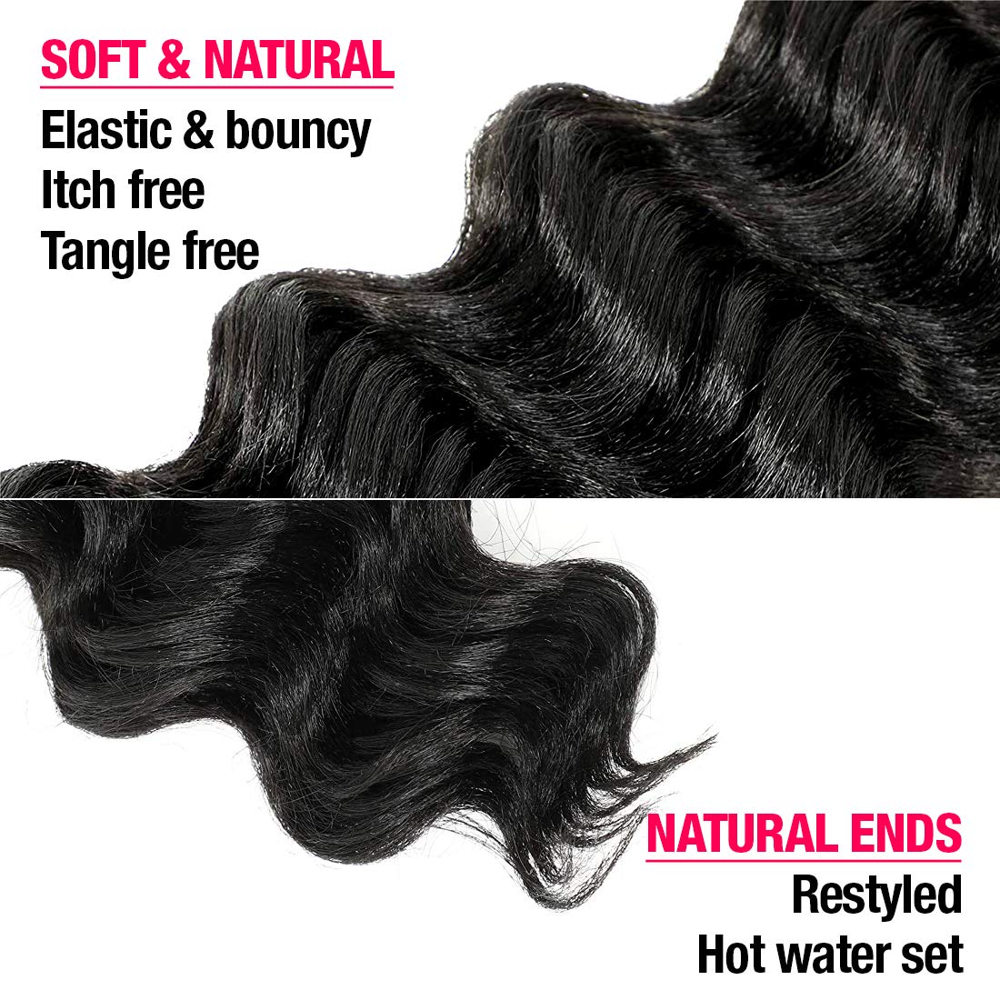 AU-THEN-TIC Ocean Wave Crochet Braiding Hair 20 Inch 6 Packs Synthetic Extensions for Body and Deep Styles, Off Black (1B)