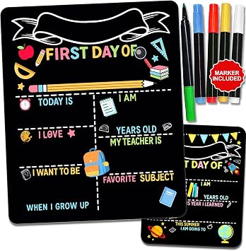 Double-Sided First Day & Last Day of School Sign with Markers Included - 1210 Inch Reusable Back to School Chalkboard for Kids, Preschool, Kindergarten - Durable & Easy to Clean