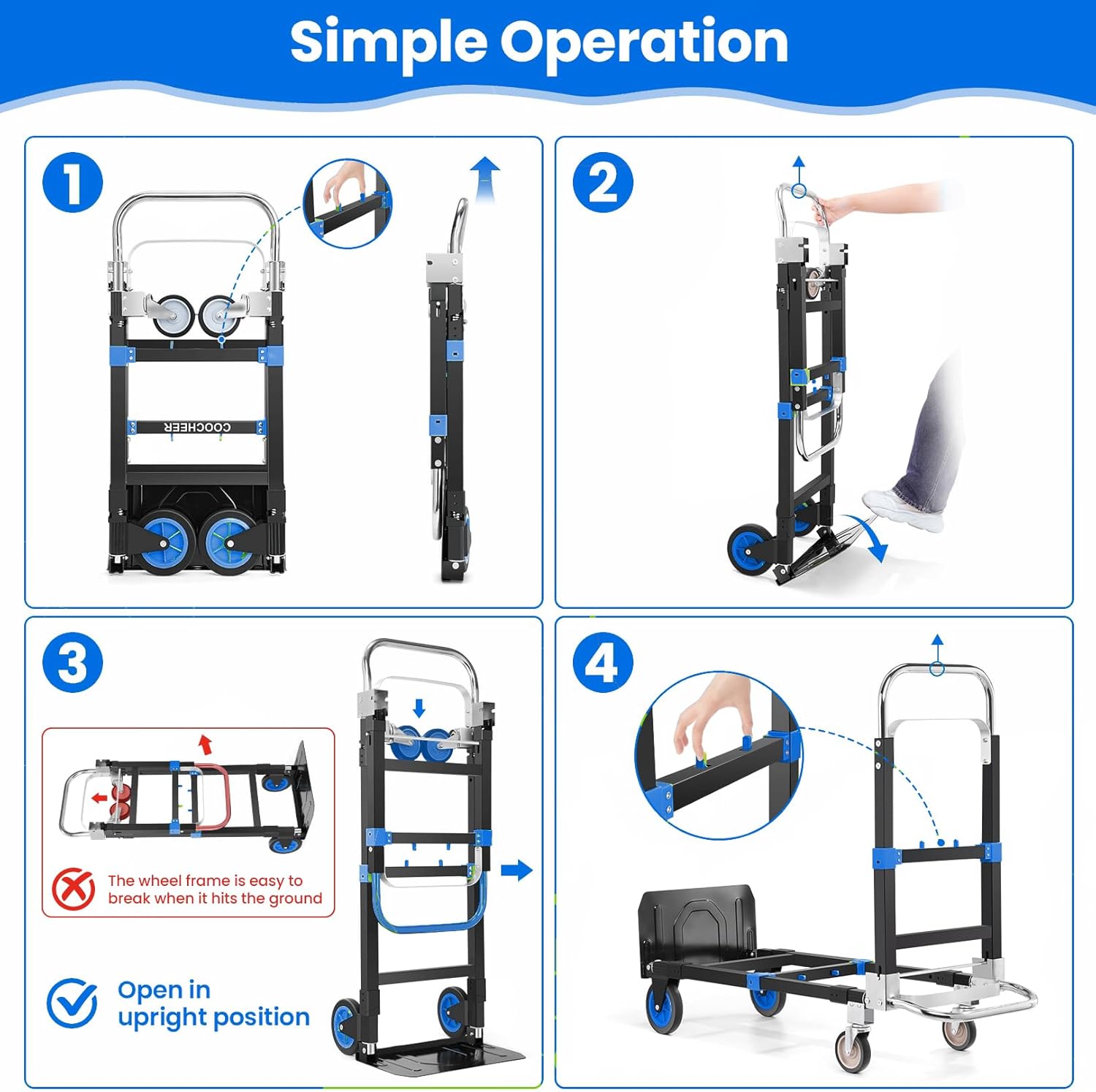 3-in-1 Convertible Heavy Duty Folding Hand Truck Dolly, 600LB Capacity with Rubber& Wheels Telescoping Handles, Portable Collapsible Cart for Warehouse, Supermarket, Office (Blue)