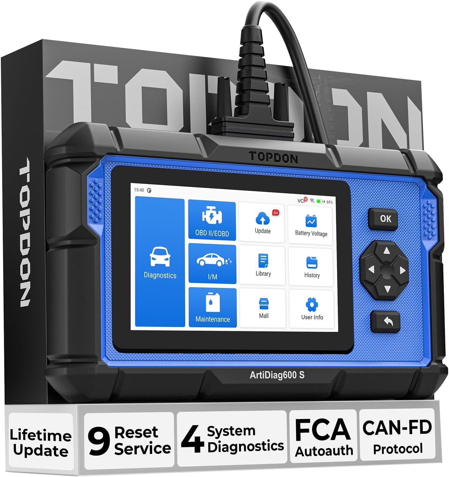 TOPDON AD600S OBD2 Diagnostic Tool, Fault Diagnostic Tool for ABS/SRS/AT/Engine, 9 Reset Functions, Oil/Brake/BMS/SAS/DPF/TPMS/ETS Reset/ABS Bleeding/Injector Coding, Free Lifetime Upgrades