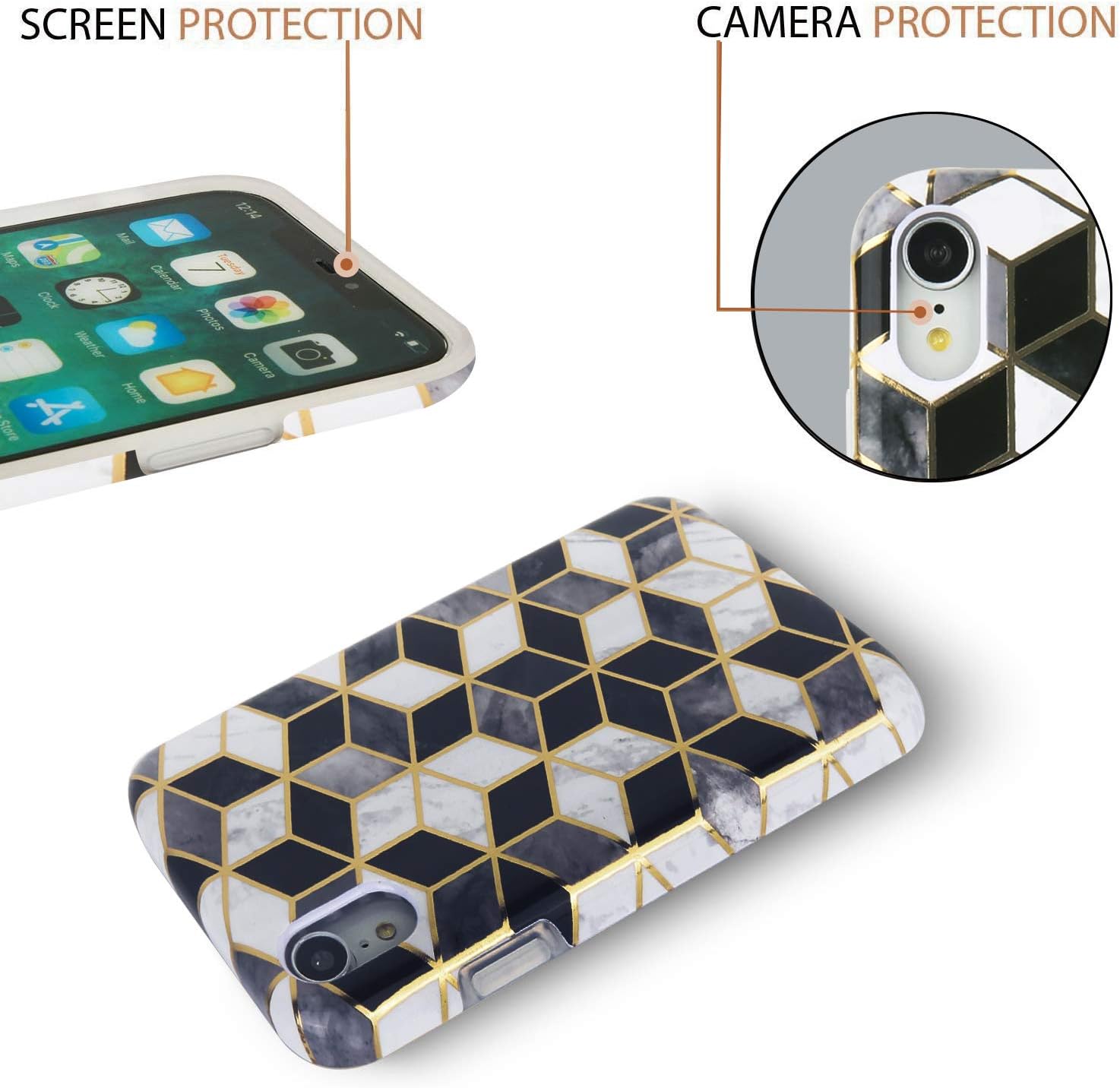 Zeronal Marble iPhone XR Case Cubes Design iPhone XR Cases Black and White, Microfiber Lining Anti-Slip Shell Shockproof Full-Body Protection Cover for iPhone XR 6.1" -Marble Cubes
