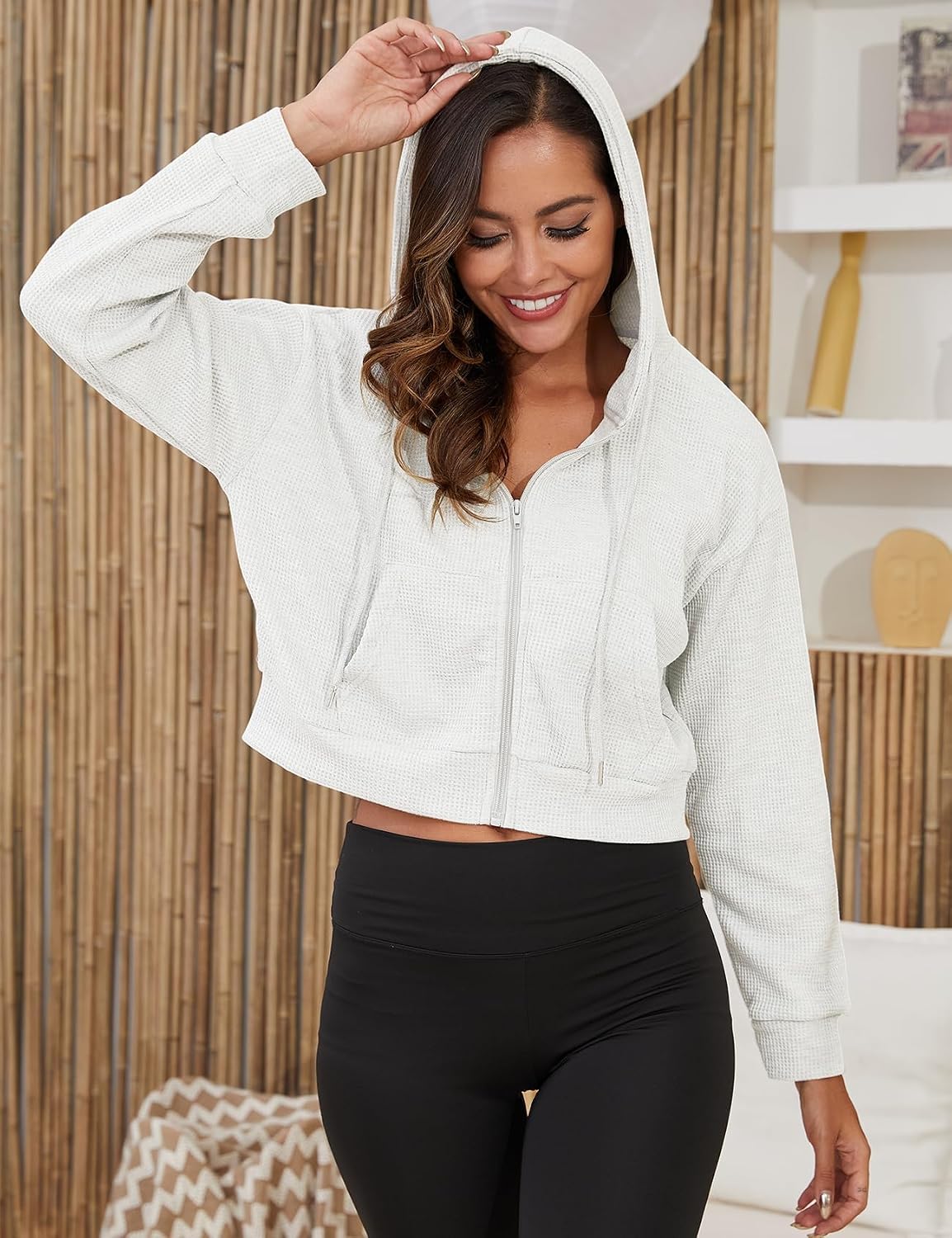 Yimoon Cropped Hoodie Women Zip Up Crop Hoodie Waffle Knit Sweatshirt Jackets