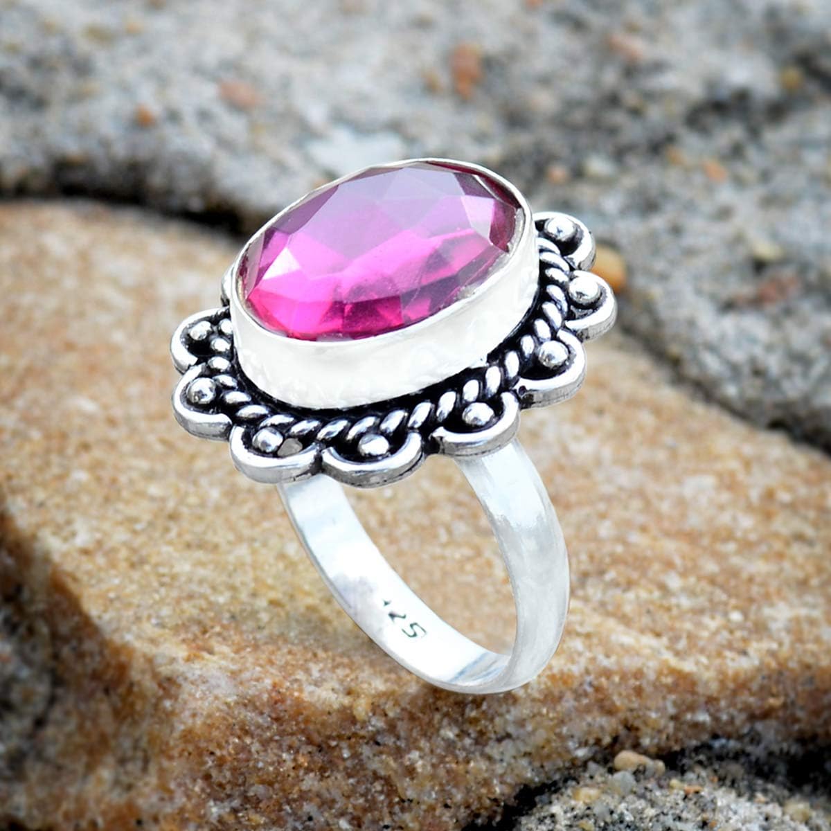 Silvesto India Bazel-Setting- 925 Silver Plated- Oval Handmade Jewelry Manufacturer Purple Quartz- Ring Sz 10.5