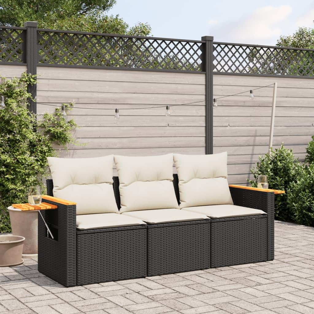IKAYAA Divanetto da Esterno 3 Posti con Contenitore Divano da Giardino in Polyrattan Salotto da Giardino in Polyrattan Set da arredo per Esterno con Cuscini-Nero e Crema-3 pz