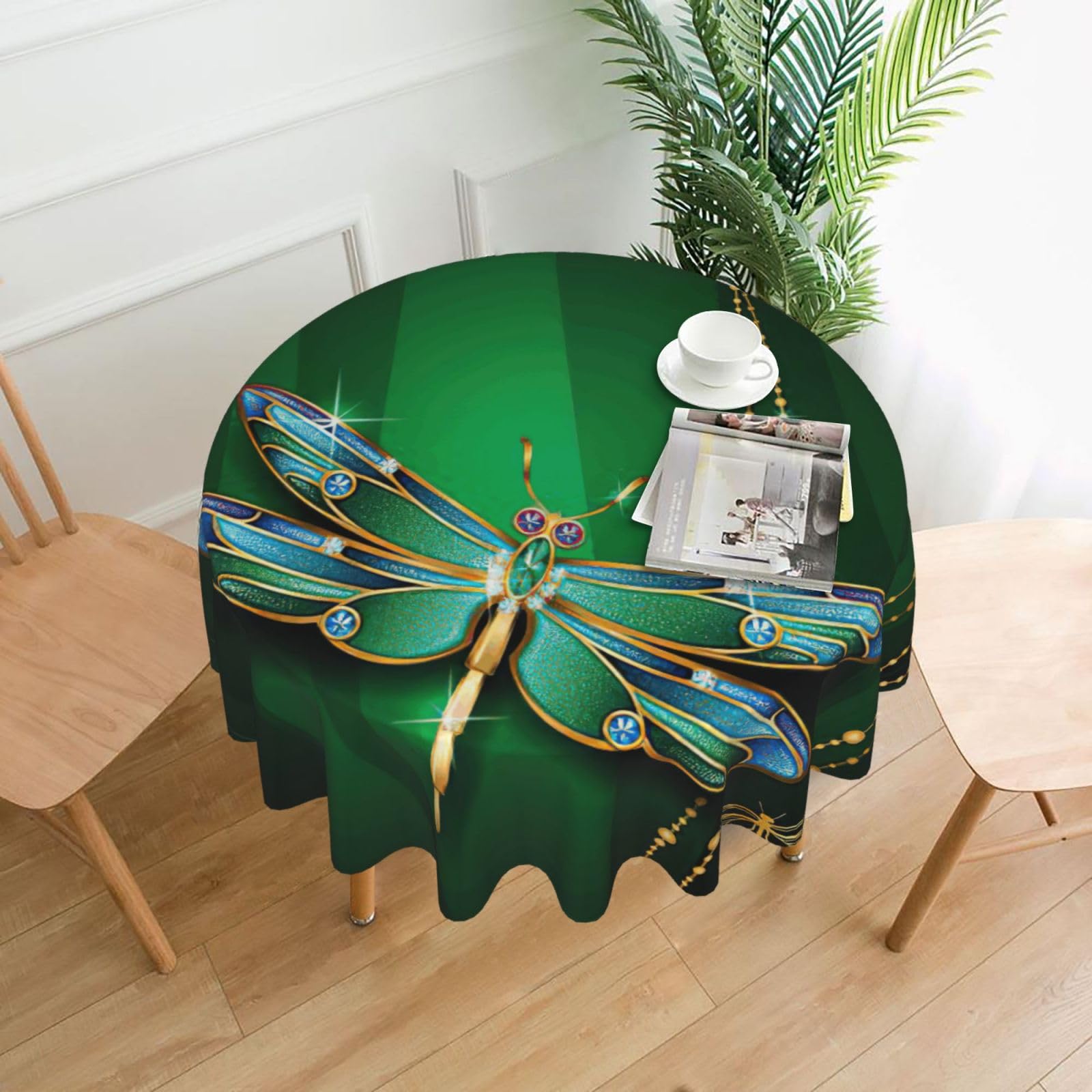 Uusnwaa Jewel Dragonfly Print Round Tablecloth 60 Inch, Stain Wrinkle Resistant Washable Polyester Table Cover For Kitchen Party
