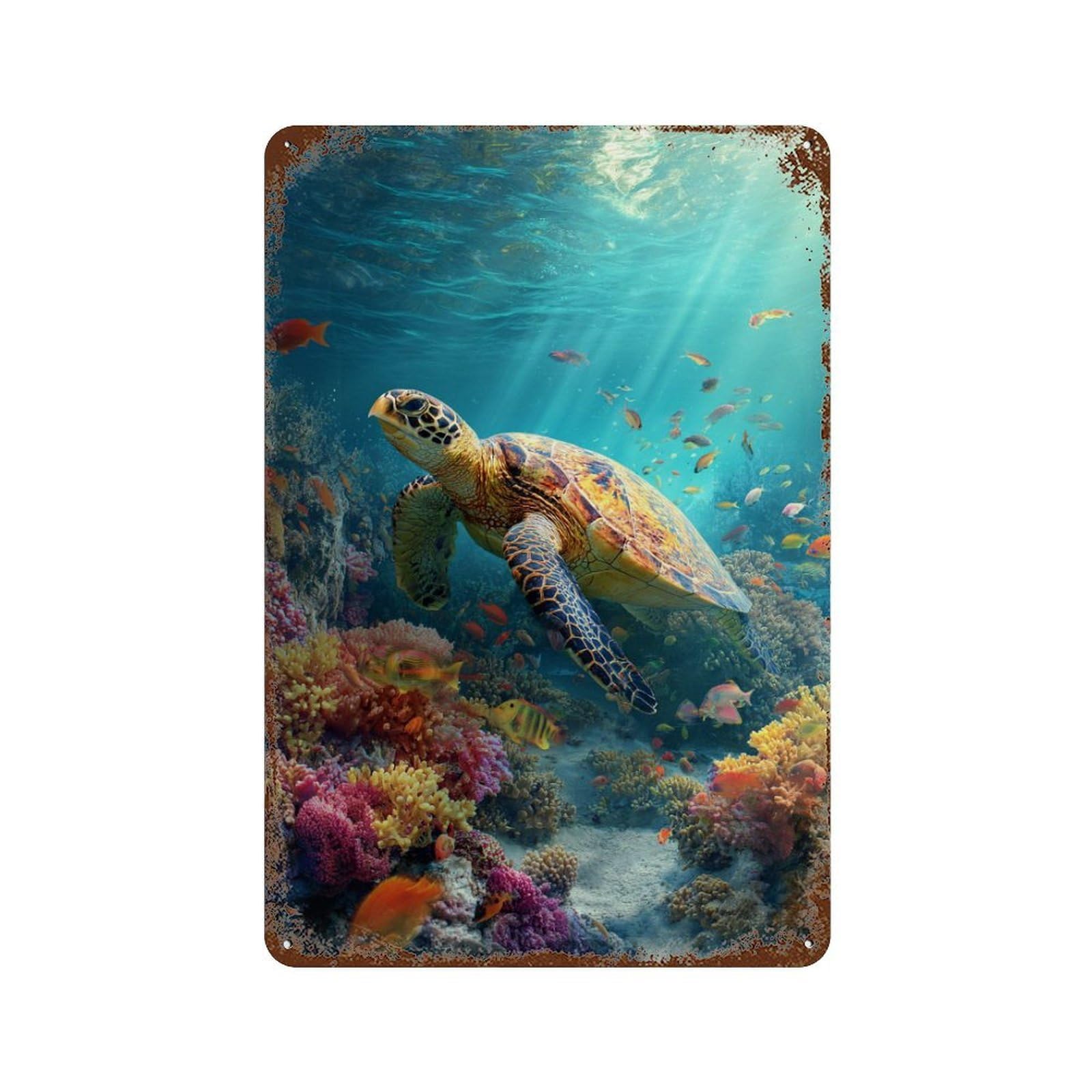 Ocean Life Underwater Scene Rust Effect Tin Sign 11.8"x7.9", Vintage Wall Decor for Pub, Kitchen And Man Cave Decor
