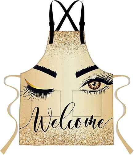 Delantal de pestañas de 33.4 x 27.5 pulgadas, delantal de uñas moderno a la moda romántica con ojos con estampado de cejas para el hogar, cocina,