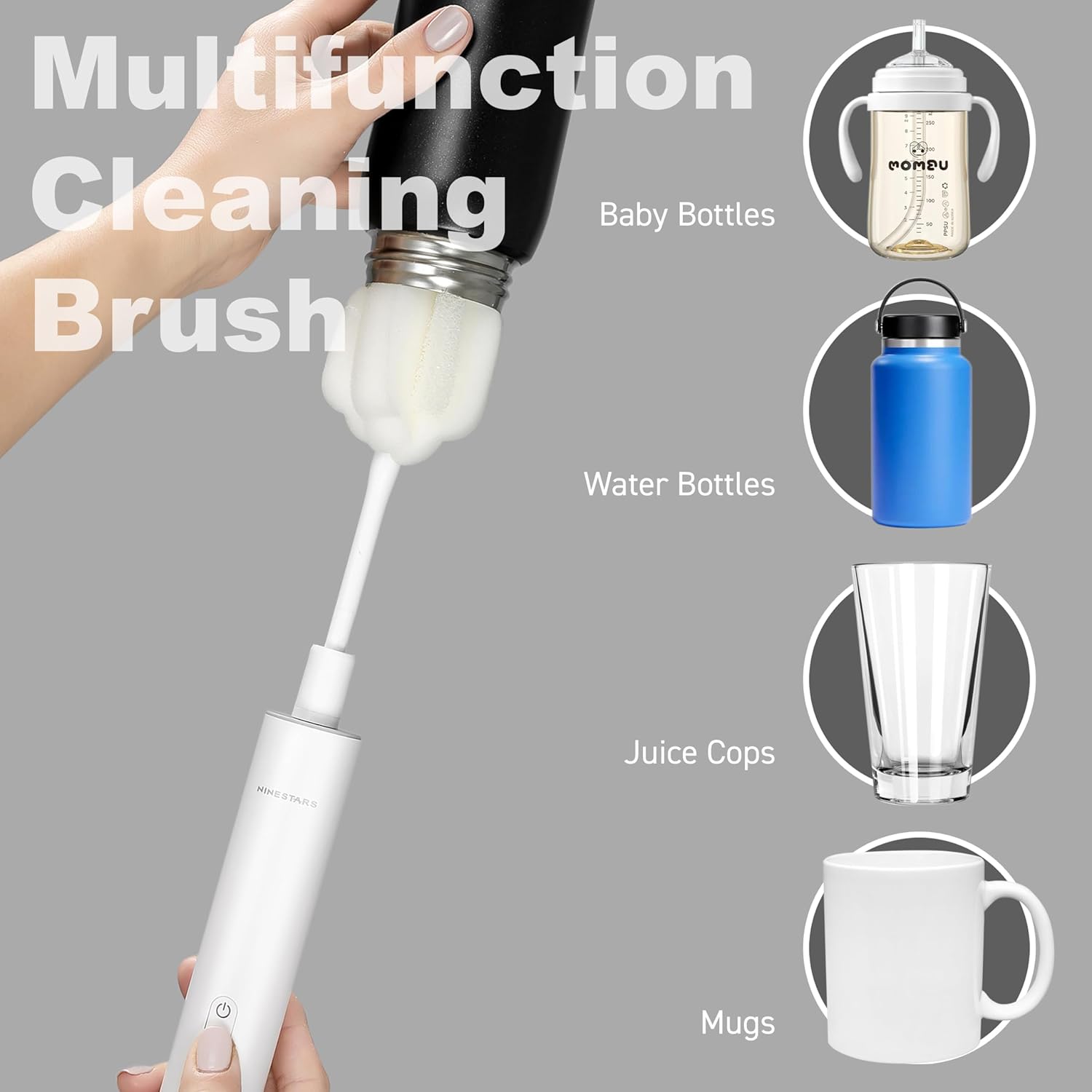 NINESTARS Electric Baby Bottle Cleaning Brush w/Sponge Brush & Bristle Head, Long-Lasting Battery Electric Bottle Cleaner for All Families, New Mom, Time Saving Household Cleaning Tool (Black Metal)
