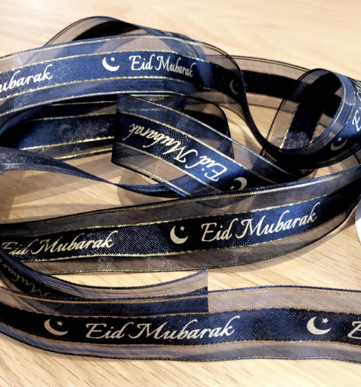 5M Eid Mubarak Ribbon, Black, Organza, Gifts, Presents, Hampers, Gift Wrapping, Bow Making, Decorations. (Black)