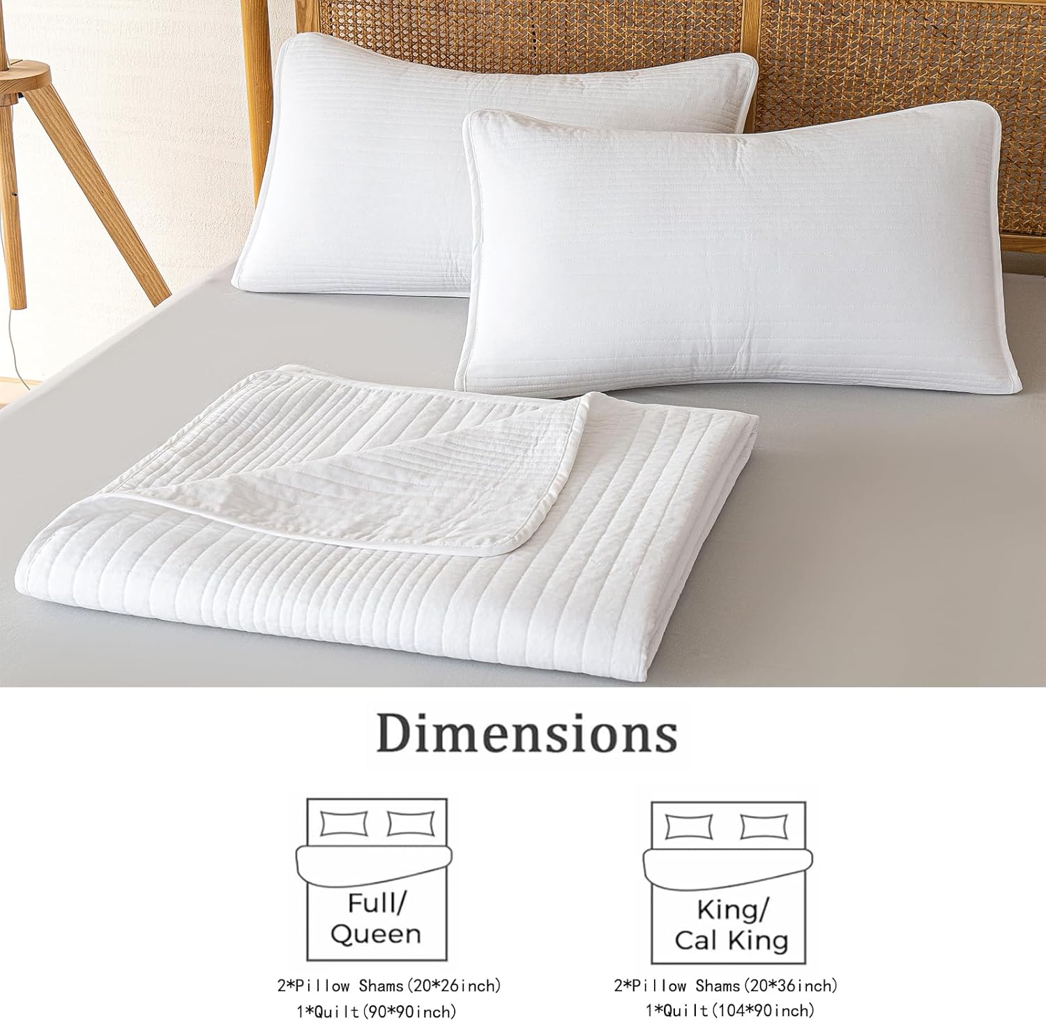 100% Cotton Quilt King Size Bedding Sets, Bedspread Set and 2 Pillowcases, Lightweight and Textured, All Season Lightweight King Comforter Bedding Set（White）